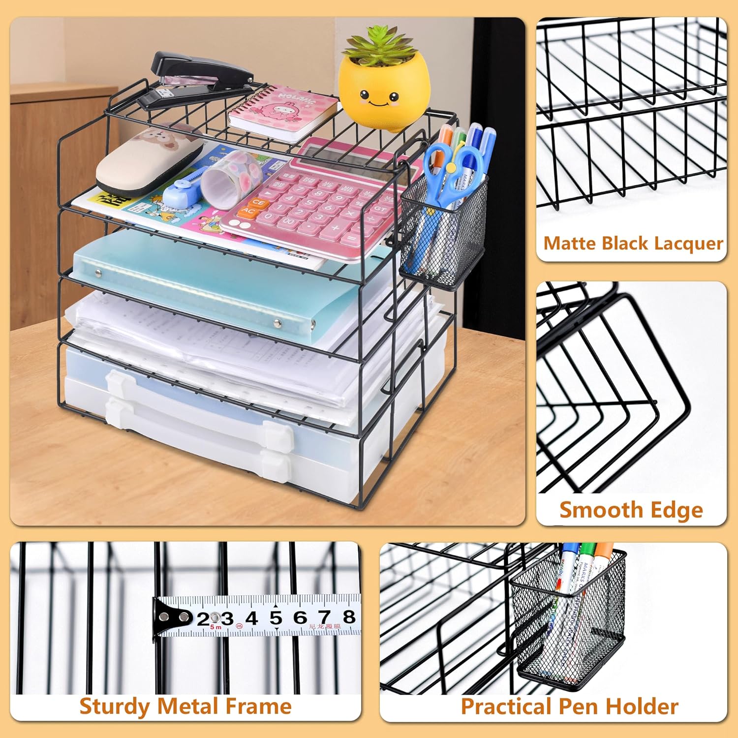 Sishynio Organizador de archivos de escritorio, bandeja de papel apilable de 5 niveles con soporte para bolígrafos, accesorios de escritorio de
