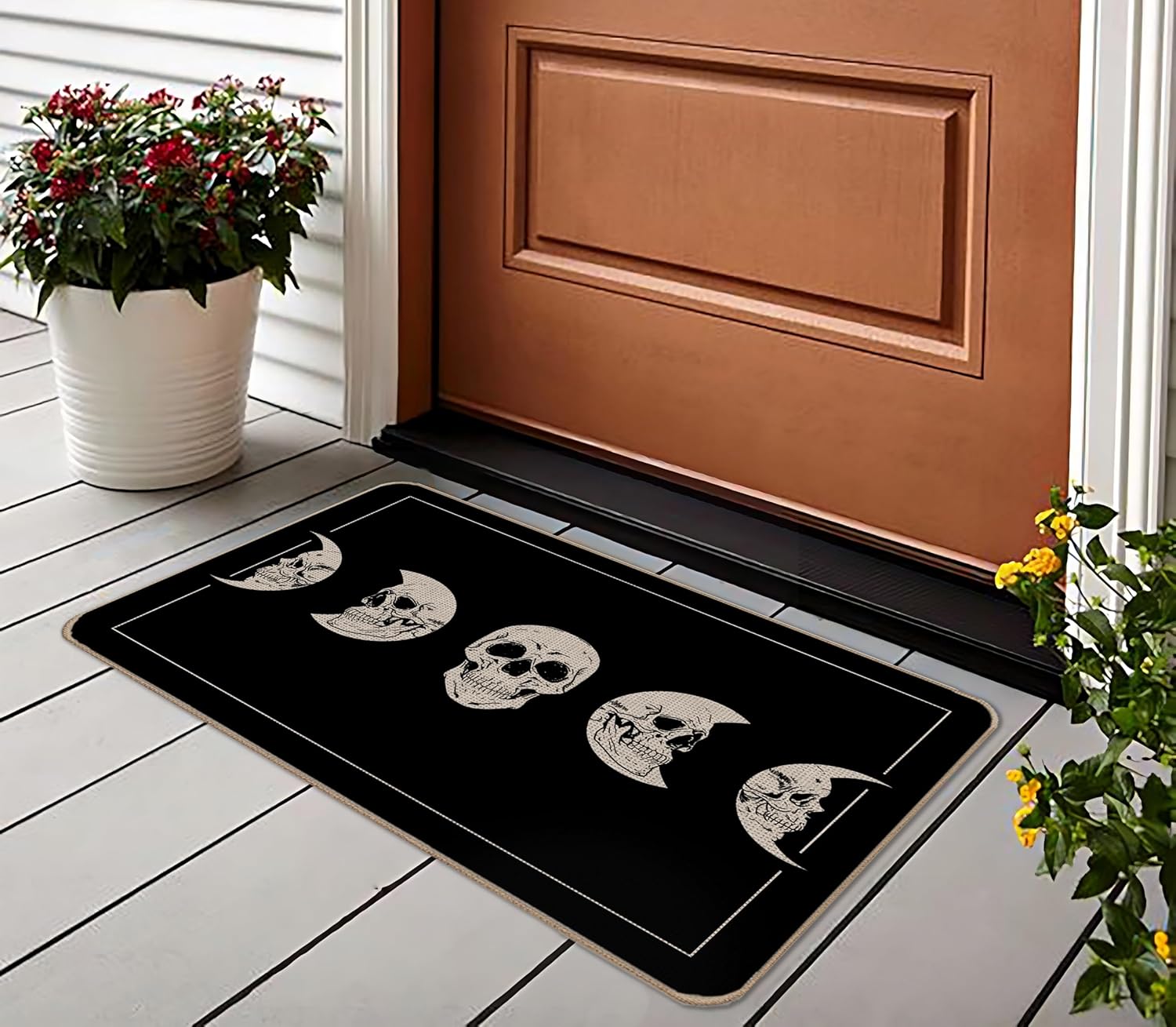 Tapete de Halloween para puerta, diseño de calavera y fase lunar, tapete de puerta de esqueleto para interiores, tapete de entrada al aire libre,