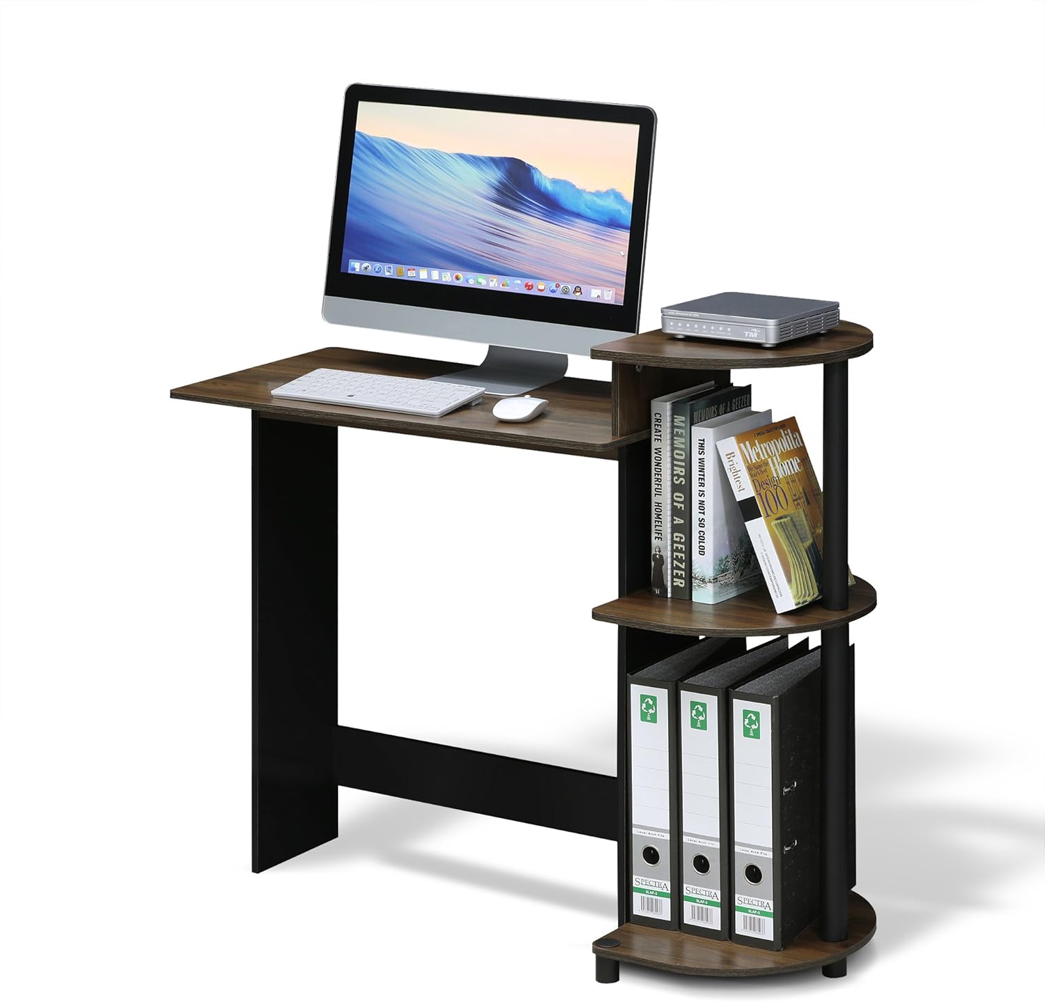 Furinno – Escritorio compacto para computadora con estantes, Tablero de partículas, Columbia NogalNegro