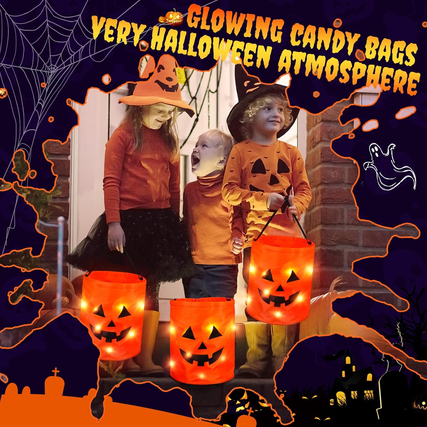 Bolsas de Halloween con luz LED para trucos o tratos, cubo de calabaza iluminada, bolsa de dulces de Halloween con cara de calabaza sonrisa, cubo de