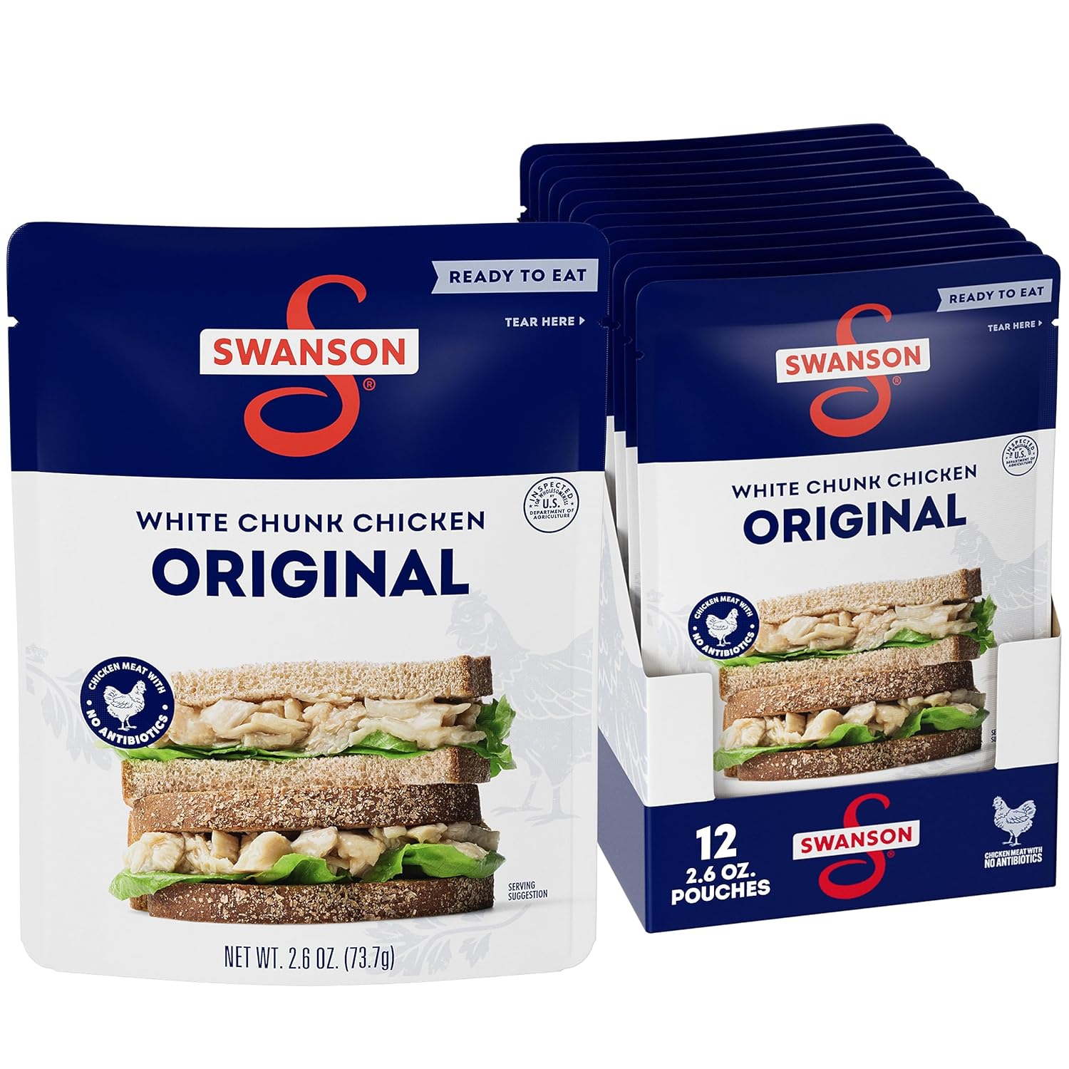 Swanson Original White Chunk – Pollo completamente cocido, listo para comer, comidas simples sobre la marcha, bolsa de 2.6 onzas (caja de 12)