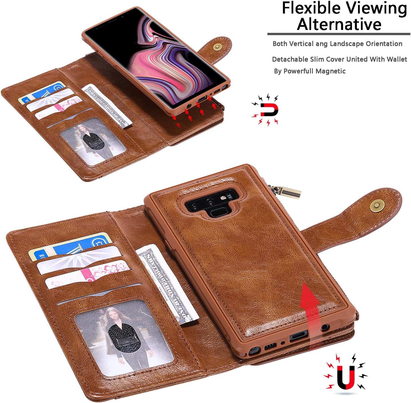 Asuwish Funda de teléfono para Samsung Galaxy Note 9 con cremallera, funda desmontable con protector de pantalla de vidrio templado y soporte de