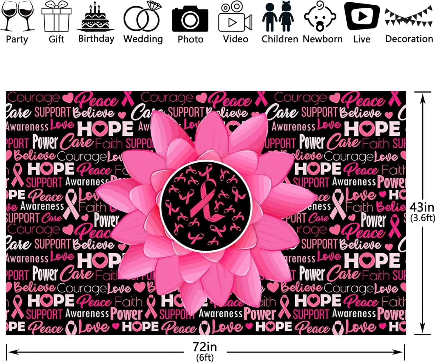 Fondo de concientización sobre el cáncer de mama de 72 x 43 pulgadas, cinta rosa, flor, esperanza, fe, poder, fotografía, fondo, mujeres, fuerza,