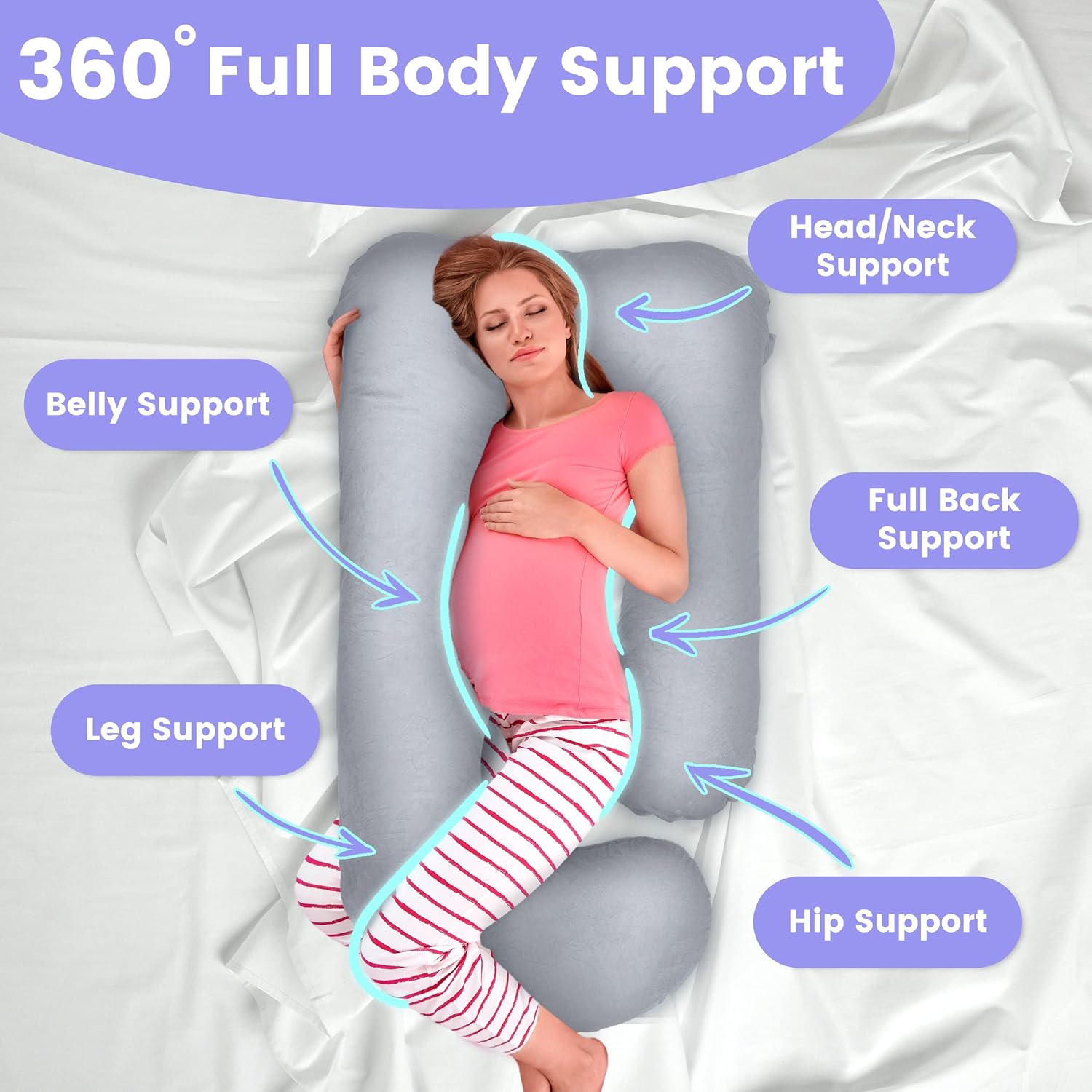 Almohadas de embarazo para dormir, almohada de cuerpo completo en forma de U, almohada de maternidad refrescante de 55 pulgadas para mujeres