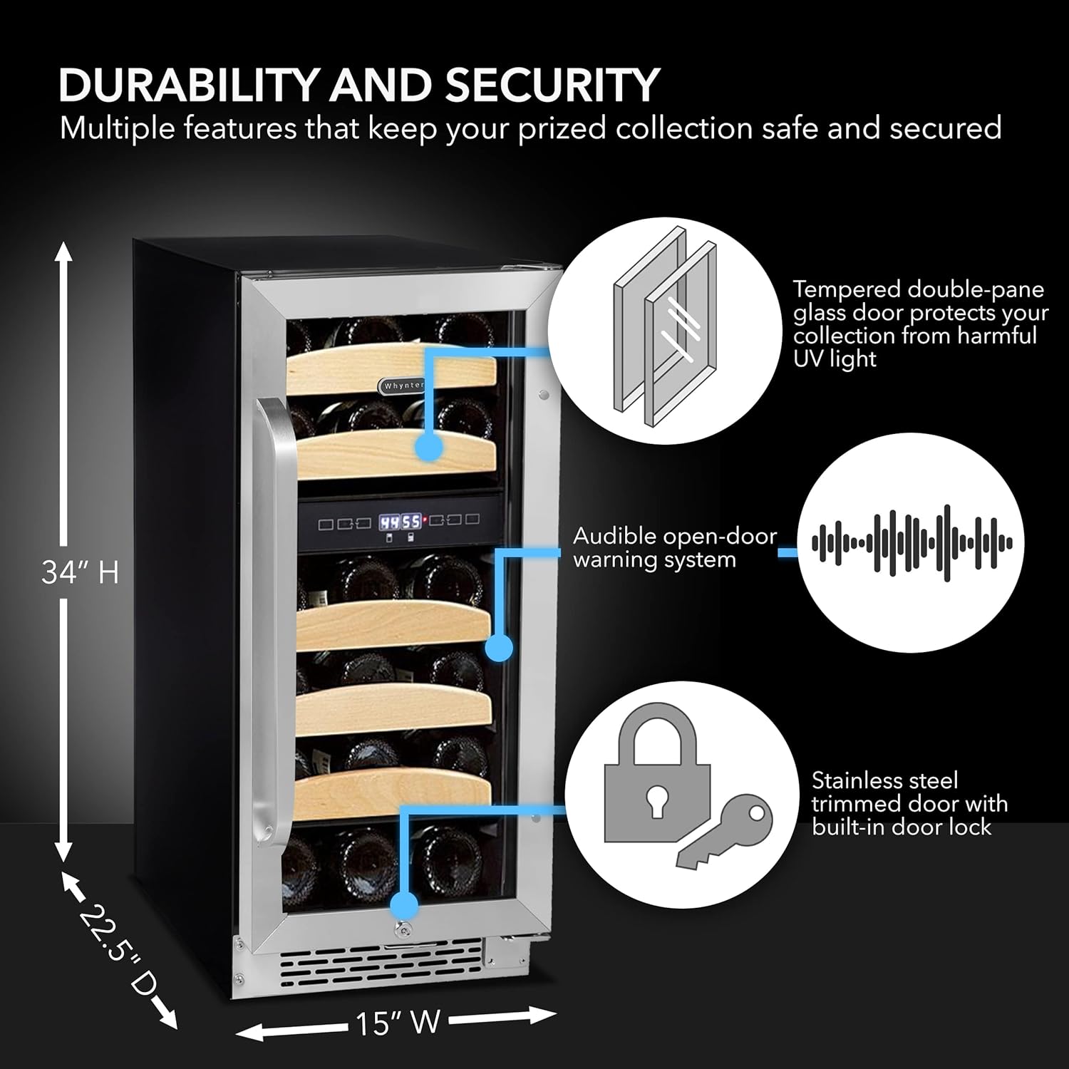 Whynter BWR-281DZ refrigerador de vino empotrado de doble zona, 28 botellas, Acero inoxidableNegro