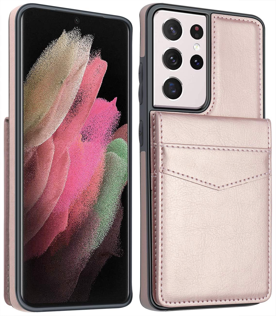 LakiBeibi Funda para Samsung Galaxy S21 Ultra, funda para teléfono S21 Ultra, funda de piel ligera de doble capa con tarjeteros, funda protectora