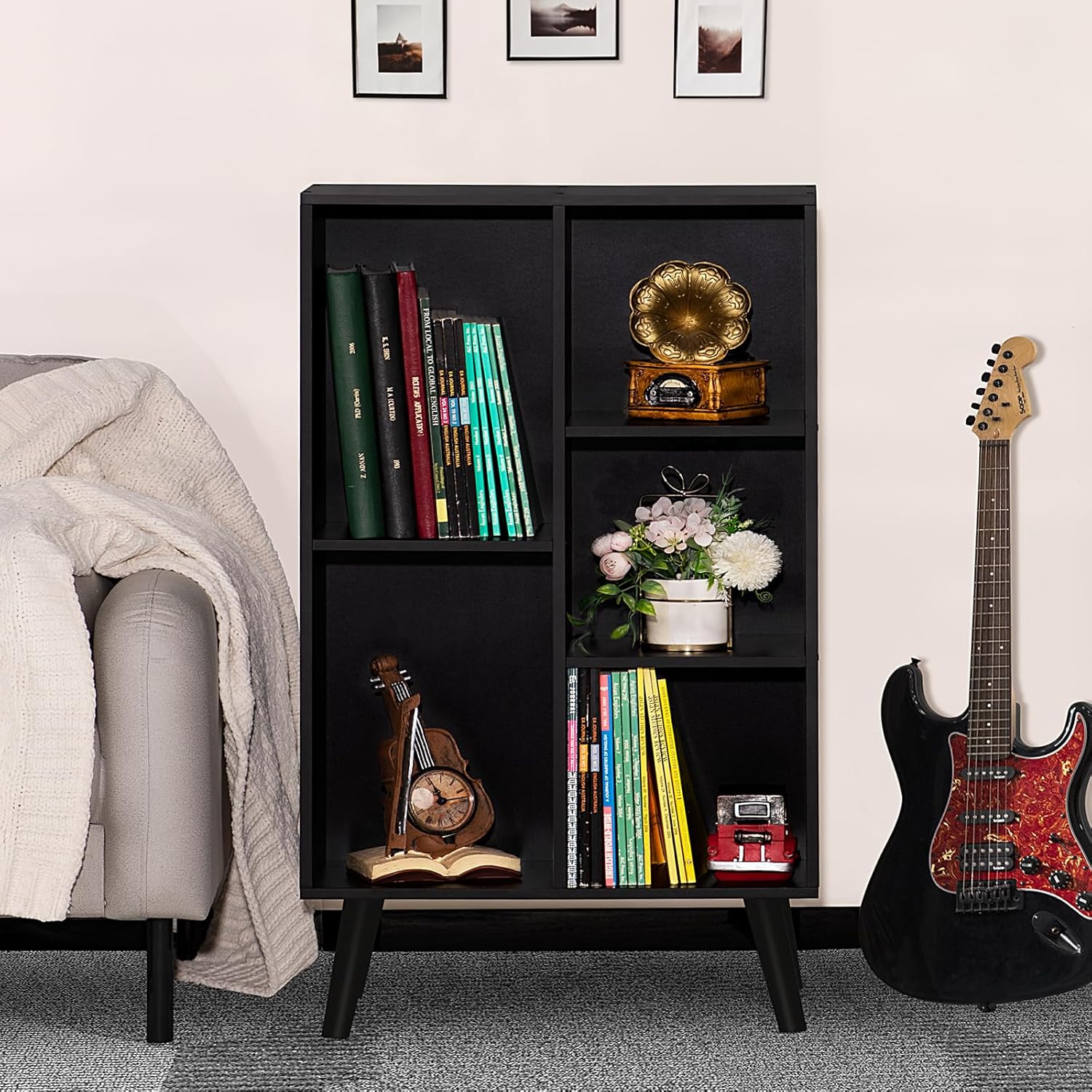 YAHARBO Small Black Narrow Bookshelf,3 Tier Modern Bookcase with Legs,Bookshelves Wood Storage Shelf,Rustic Book Shelves Cube Organizer,Display