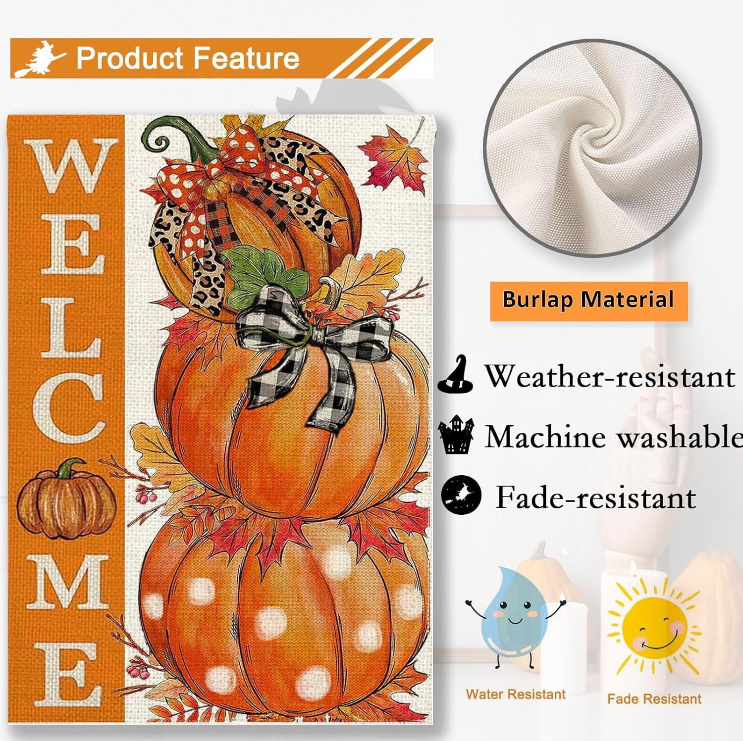 Banderas de jardín de otoño de bienvenida para exteriores, 12 x 18 pulgadas, calabaza de doble cara, bandera de jardín de otoño para decoración de