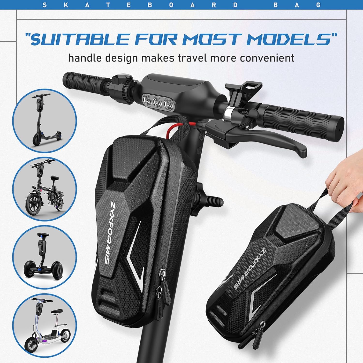 Bolsa de scooter eléctrico, accesorios de scooter para adultos, bolsa de transporte delantera impermeable EVA, bolsa de transporte frontal de gran