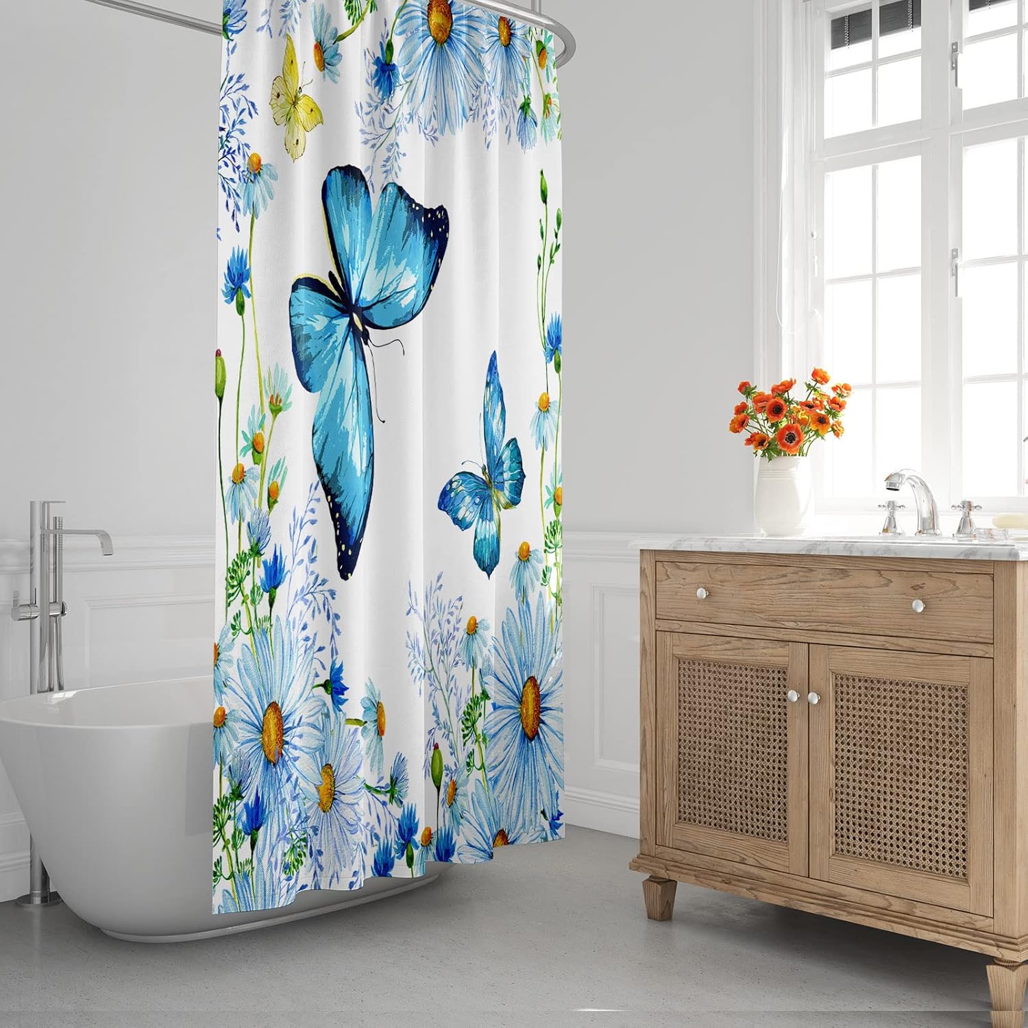 Cortina de ducha de mariposa de 72 x 72 pulgadas, cortina de ducha de flores silvestres azules, margaritas y mariposas, cortina de ducha floral de