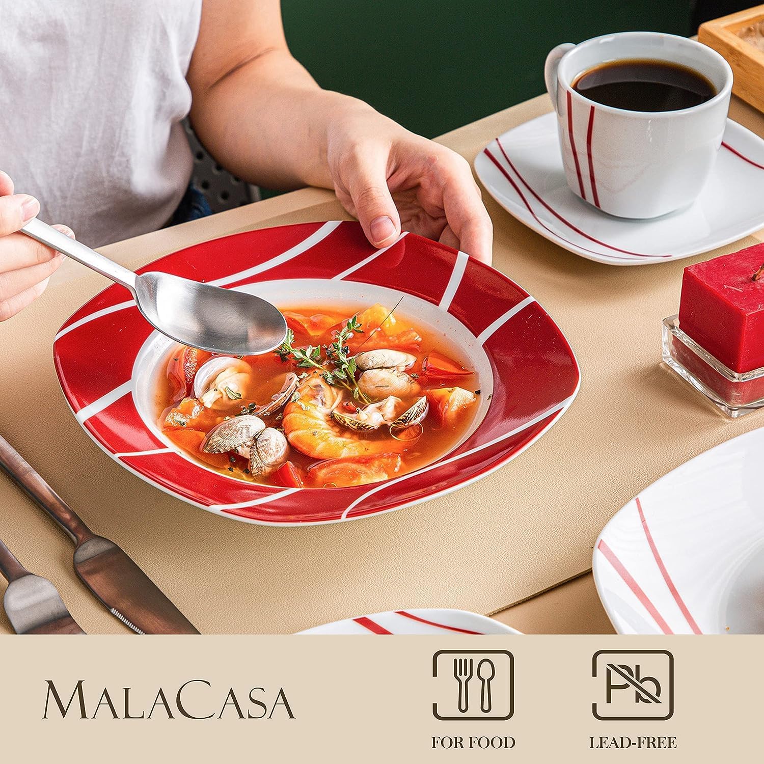 MALACASA Series Felisa – Juego de vajilla cuadrada, 60 piezas de platos y cuencos de porcelana para 12, juego de platos grises y blancos con plato