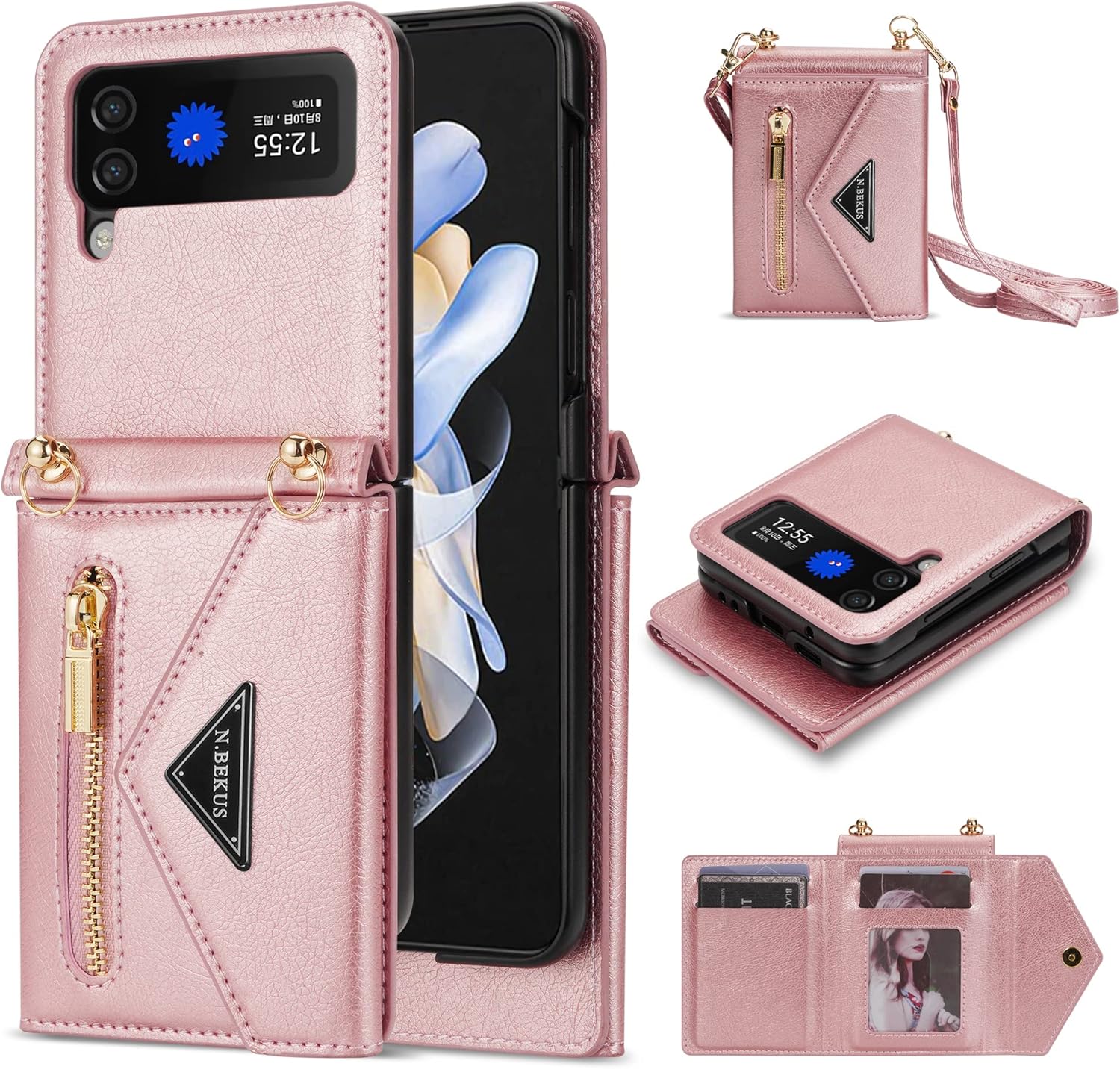 Furiet Funda tipo cartera compatible con Samsung Galaxy Z Flip 4 5G 2022 con tarjetero y correa para el hombro con cierre de cremallera, funda de