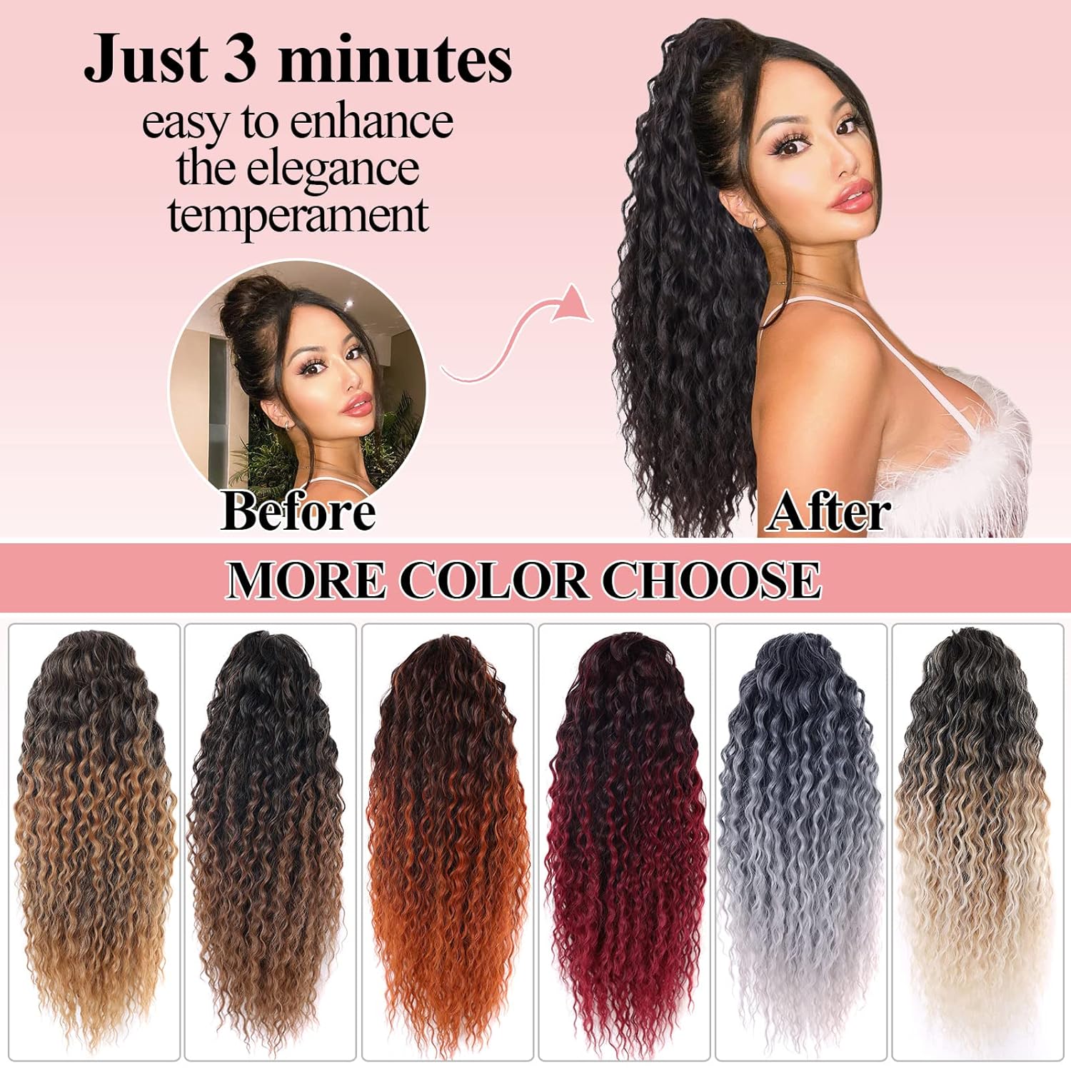 Cola de caballo rizada con cordón de 18 pulgadas con sensación de cola de caballo negra, extensiones de cabello corto con clip de garra, extensión