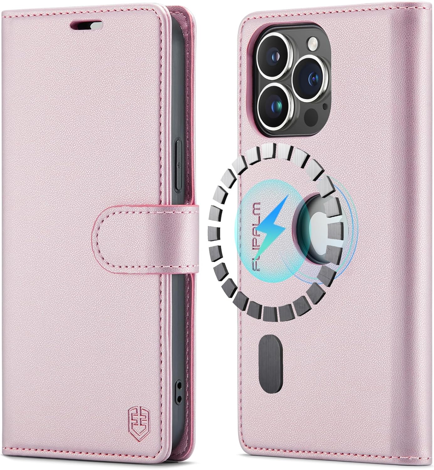 FLIPALM Funda magnética con logotipo para iPhone 14 Pro Max con bloqueo RFID, soporte para tarjetas de crédito, compatible con MagSafe piel