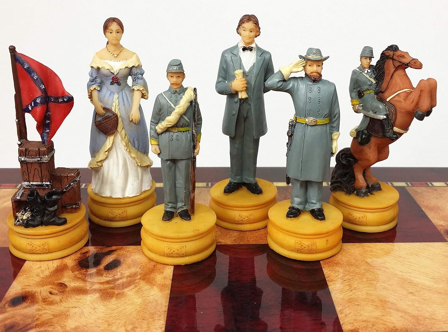 Juego de ajedrez de reinas de la guerra civil estadounidense con tablero de almacenamiento de color cereza y Burlwood de 17 pulgadas de alto brillo