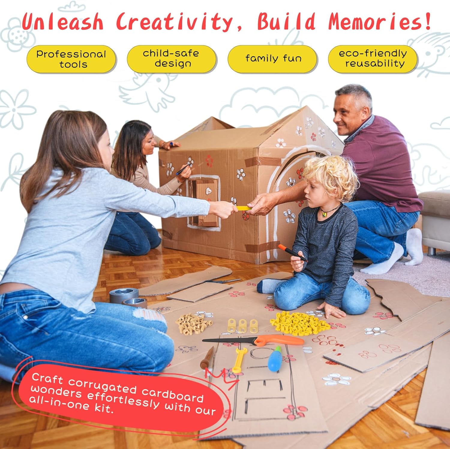 ZLemma Kit de herramientas de construcción de cartón, 163 piezas, juguetes educativos para jugar en casa + aprendizaje en el aula  Herramientas de