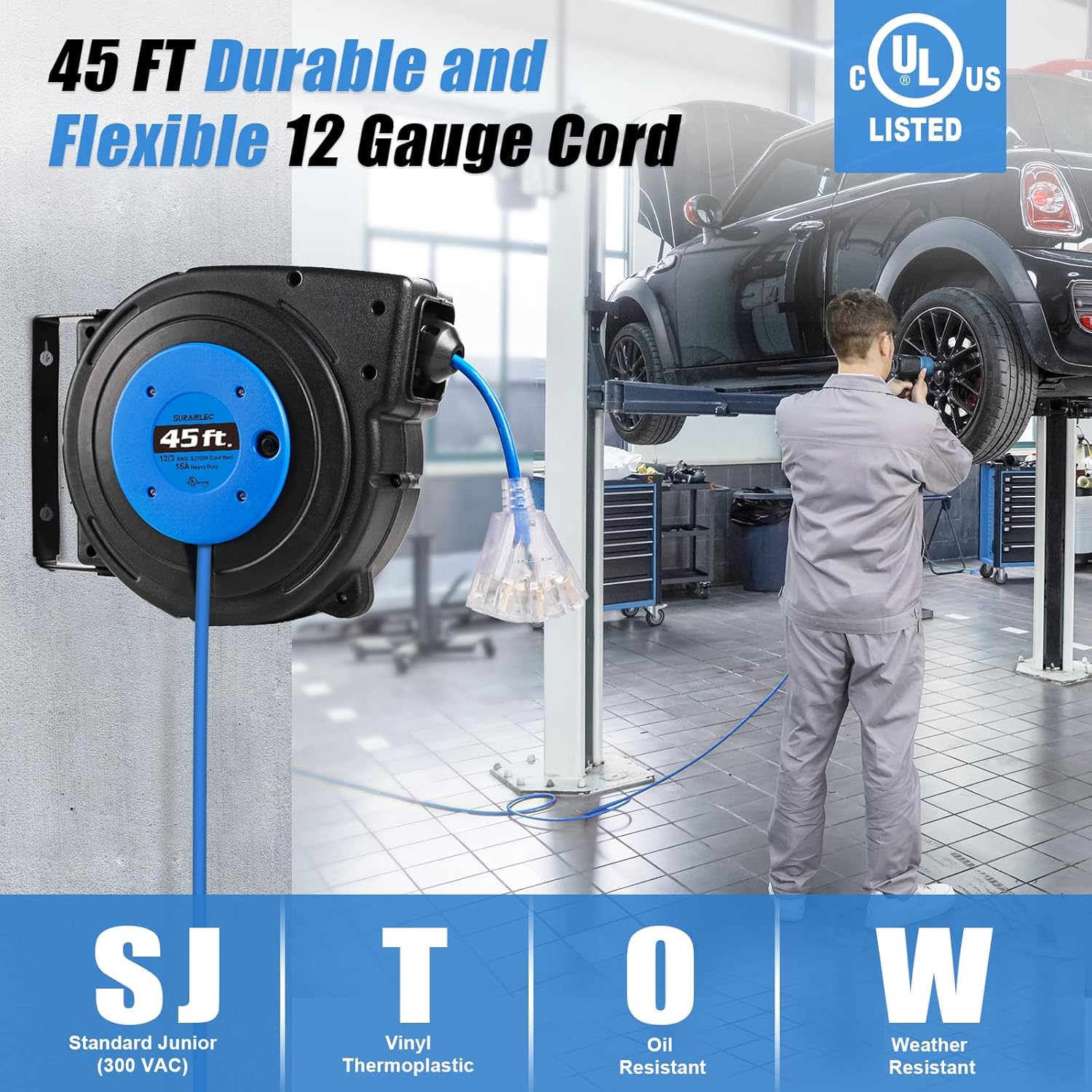 SURAIELEC Carrete de cable de extensión retráctil de calibre 12, cable de alimentación resistente SJTOW de 45 pies 12 AWG3C, 3 salidas de triple