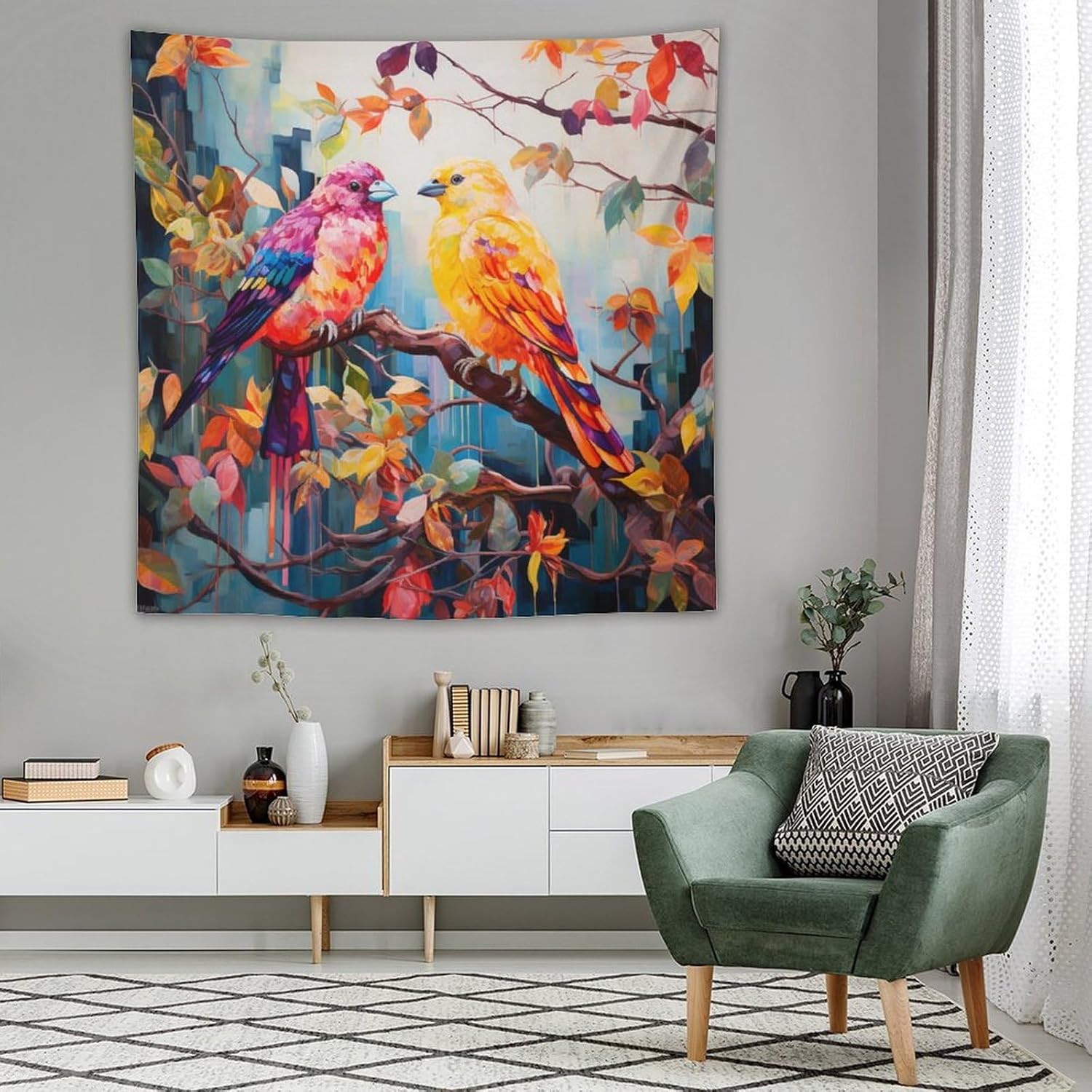 Tapiz de pájaros coloridos sentados en una rama de árbol colorido, tapiz artístico para dormitorio, estético, colorido pájaro volador, tapiz