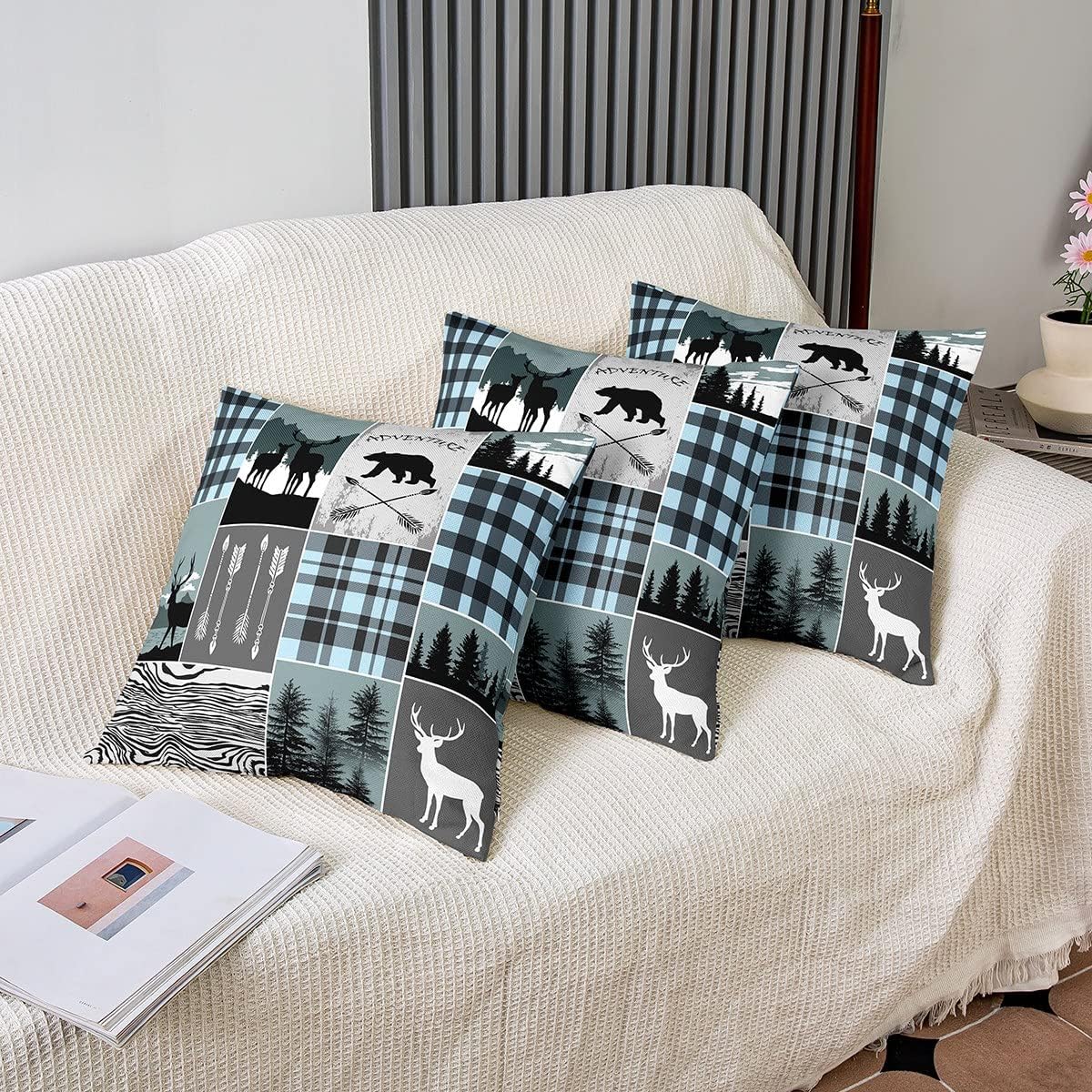 Juego de 2 fundas de almohada decorativas de granja rústica de 24 x 24 pulgadas, fundas de almohada de retazos de oso y alce, fundas de cojín de