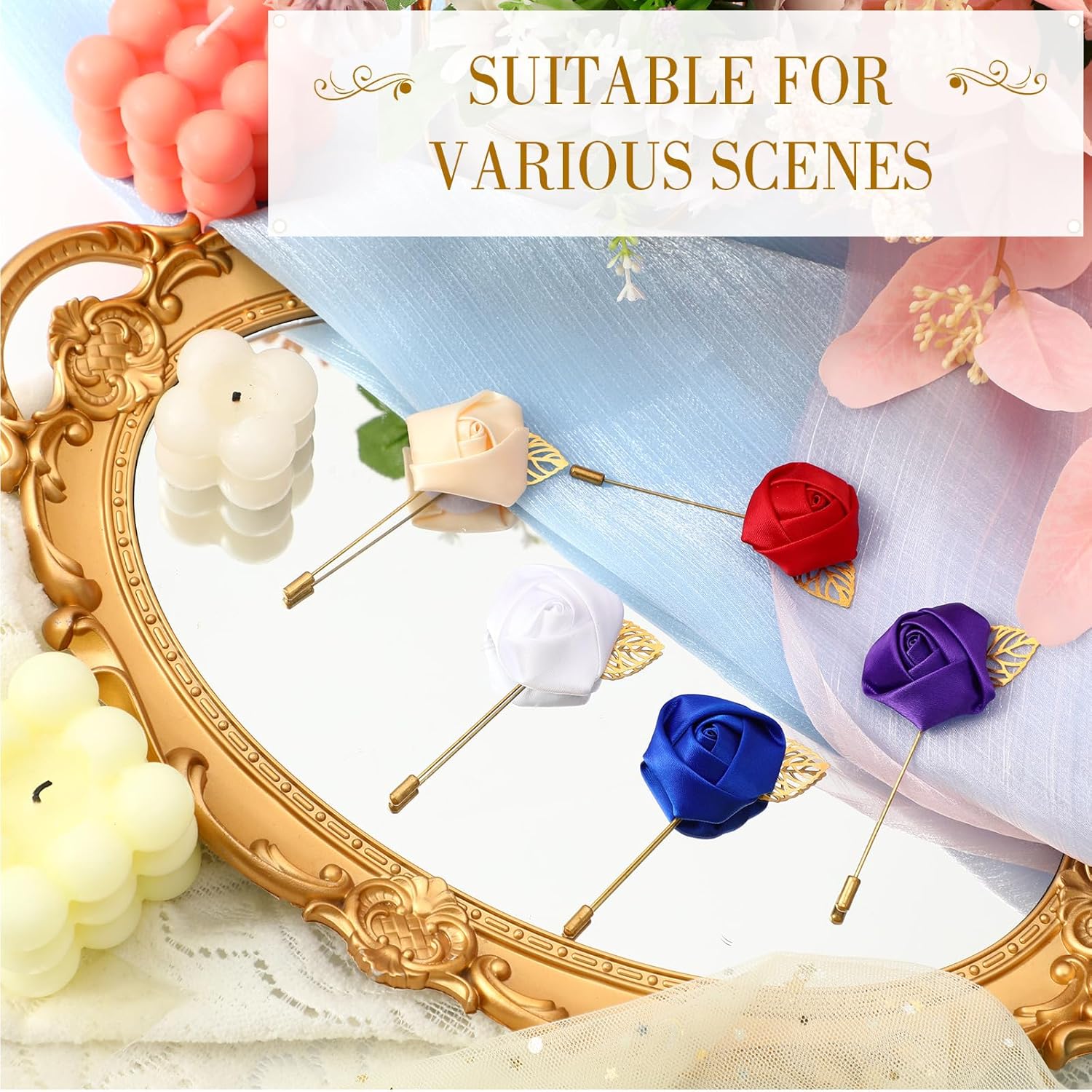 24 piezas de flores de satén de seda para novios con hojas de oro para boda, decoración de fiesta de graduación, ramillete de graduación, accesorios