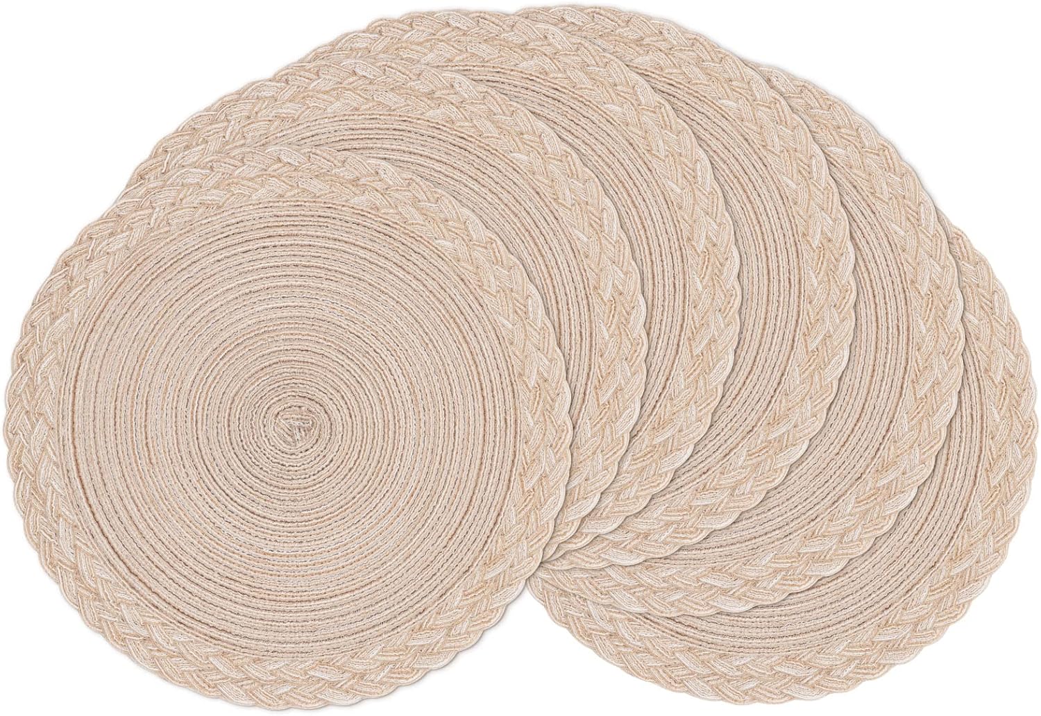 SHACOS Juego de 6 manteles individuales redondos, trenzados, lavables, resistentes al calor, 15 pulgadas, para mesa de comedor, color beige