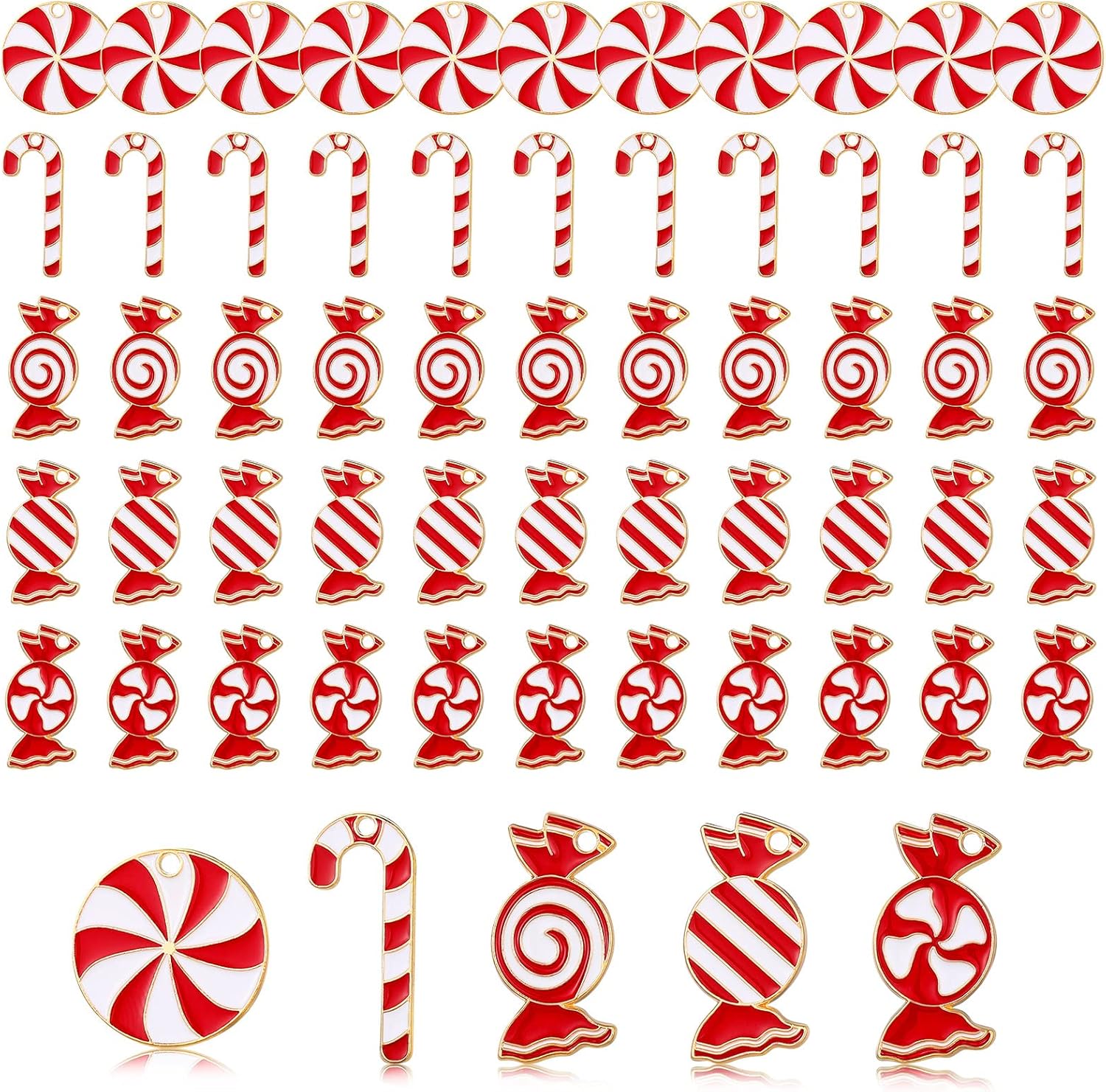 Kajaia 60 dijes de Navidad con colgante de bastón de caramelo para hacer joyas, dijes de esmalte de Navidad de aleación, dijes de vacaciones para