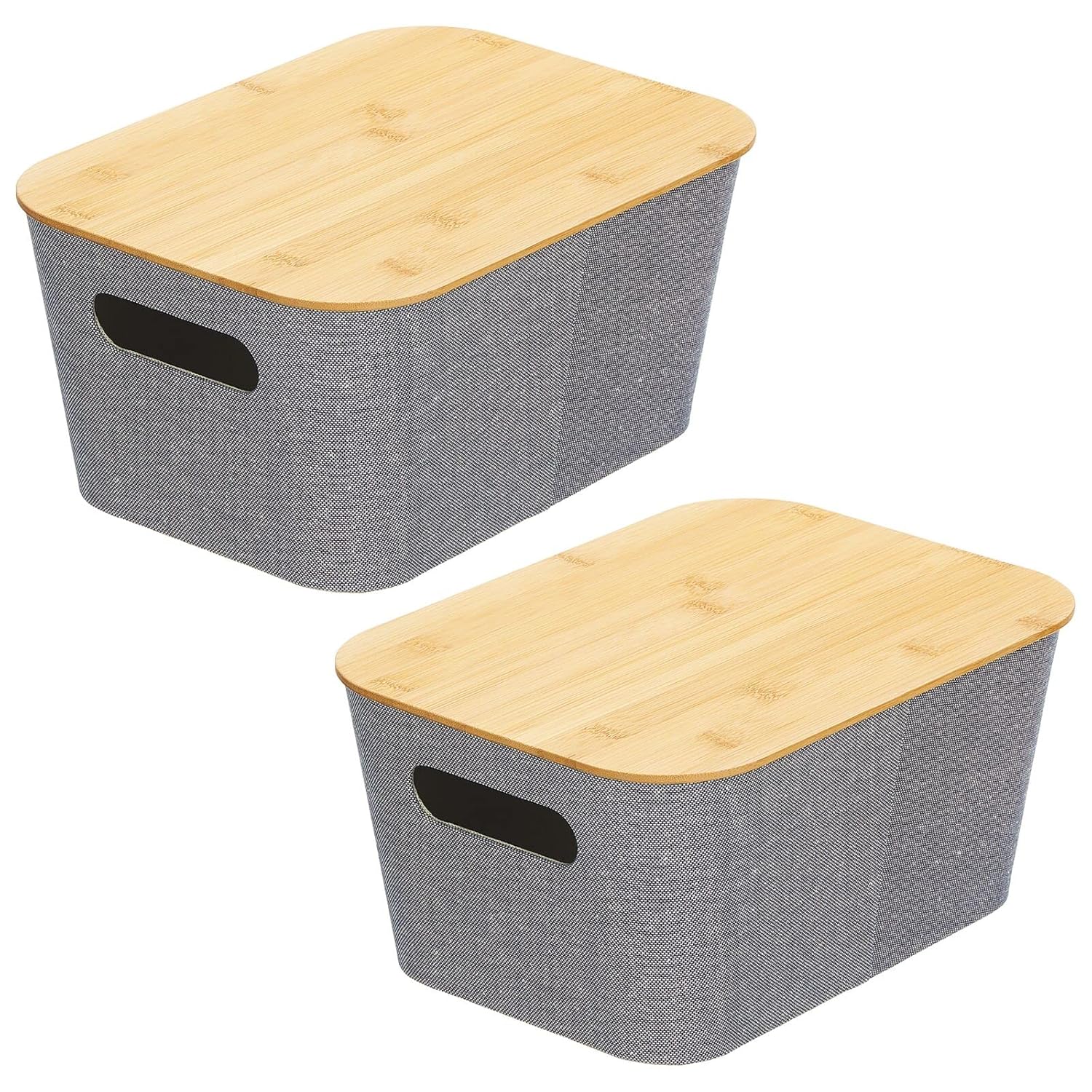 mDesign Cesta moderna cubierta de tela con tapa, caja de almacenamiento decorativa apilable con cubierta de bambú para armario, sala de estar,
