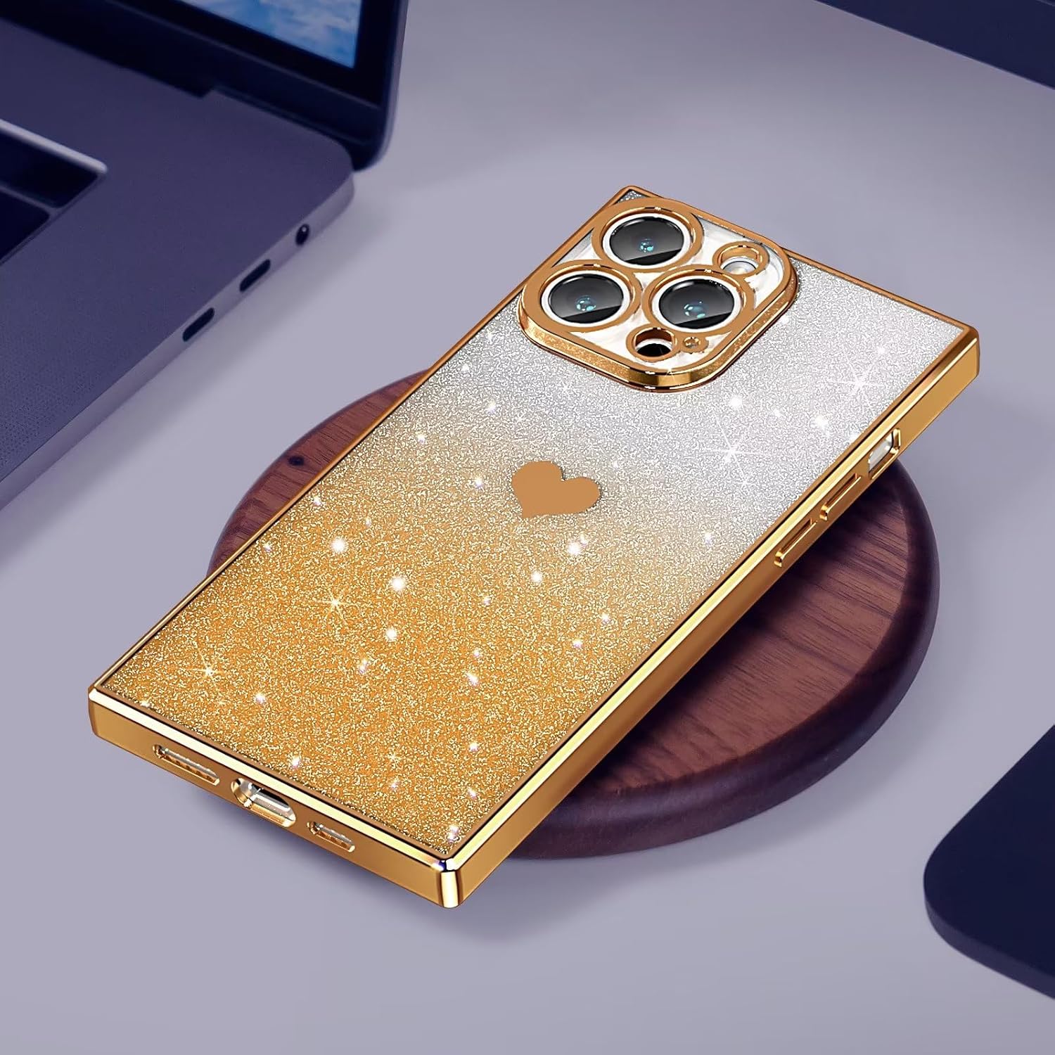 Tzomsze Funda compatible con iPhone 15 Pro con purpurina degradado, transparente y brillante con bonito patrón de corazón, protección completa de