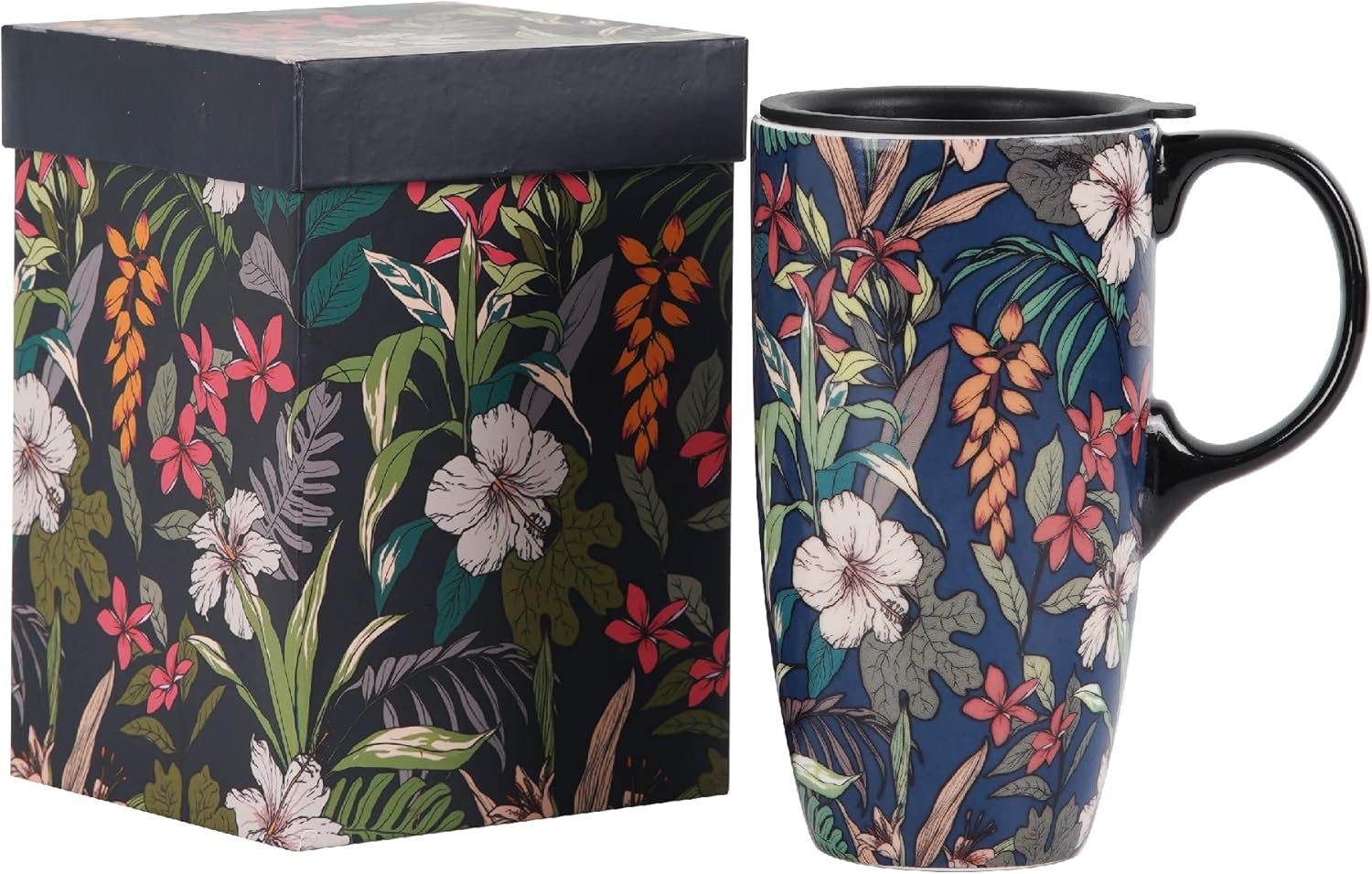 Topadorn Taza de café de cerámica para regalo con tapa de 17 onzas, taza de té alta de porcelana con asa para el hogar y la oficina, taza con patrón