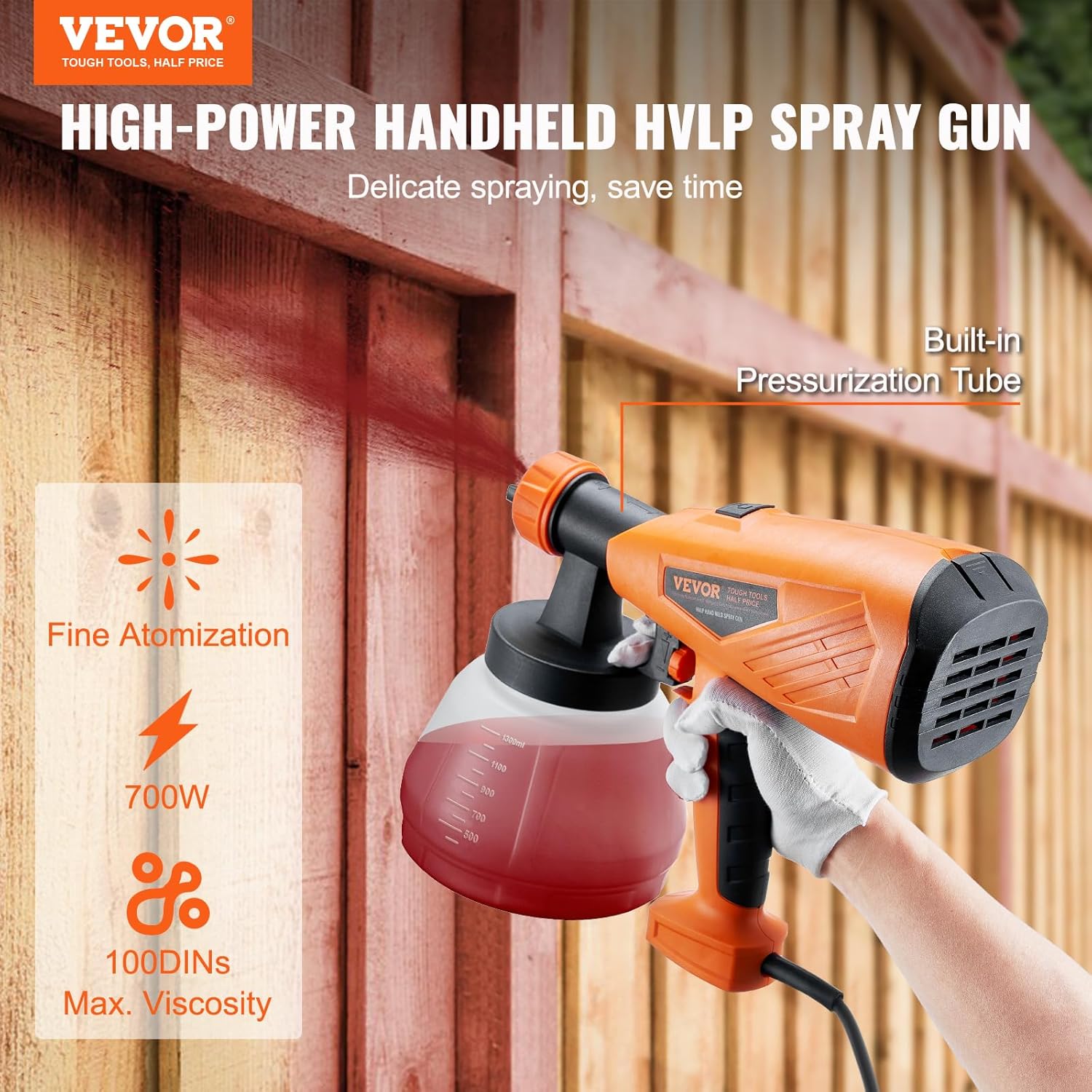 VEVOR Pulverizador eléctrico de pintura con contenedor de 44.0 fl oz, pistola de pulverización HVLP de 700 W con 5 boquillas de cobre, ideal para