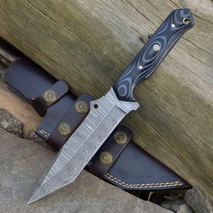 Grace Knives Cuchillo de caza hecho a mano Tanto Cuchillo de hoja fija de acero de Damasco de 10.5 pulgadas EDC con funda de cuero G-509 (micarta Grace Knives Cuchillo de caza hecho a mano Tanto Cuchillo de hoja fija de acero de Damasco de 10.5 pulgadas EDC con funda de cuero G-509 (micarta