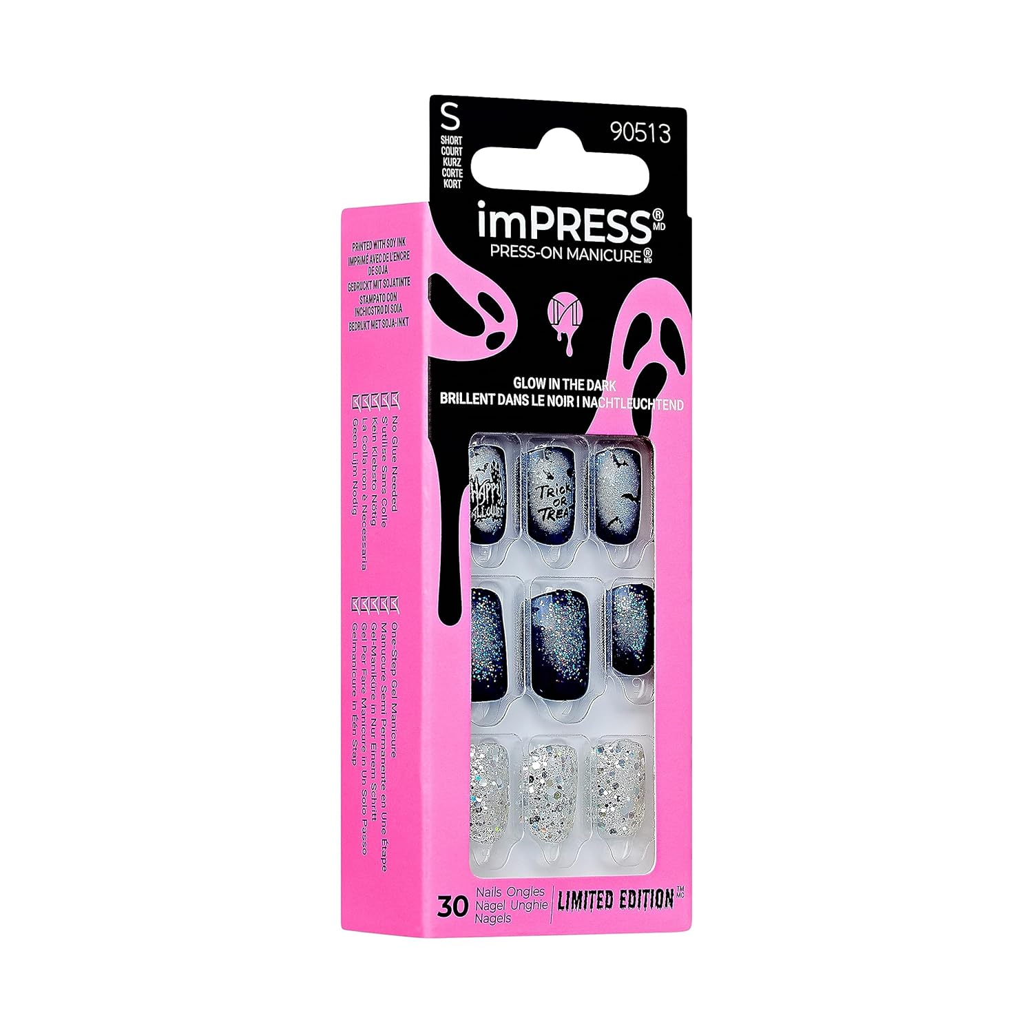 KISS imPRESS – Manicura a presión para Halloween, azul, longitud corta, forma cuadrada, tecnología PureFit, a prueba de astillas, a prueba de