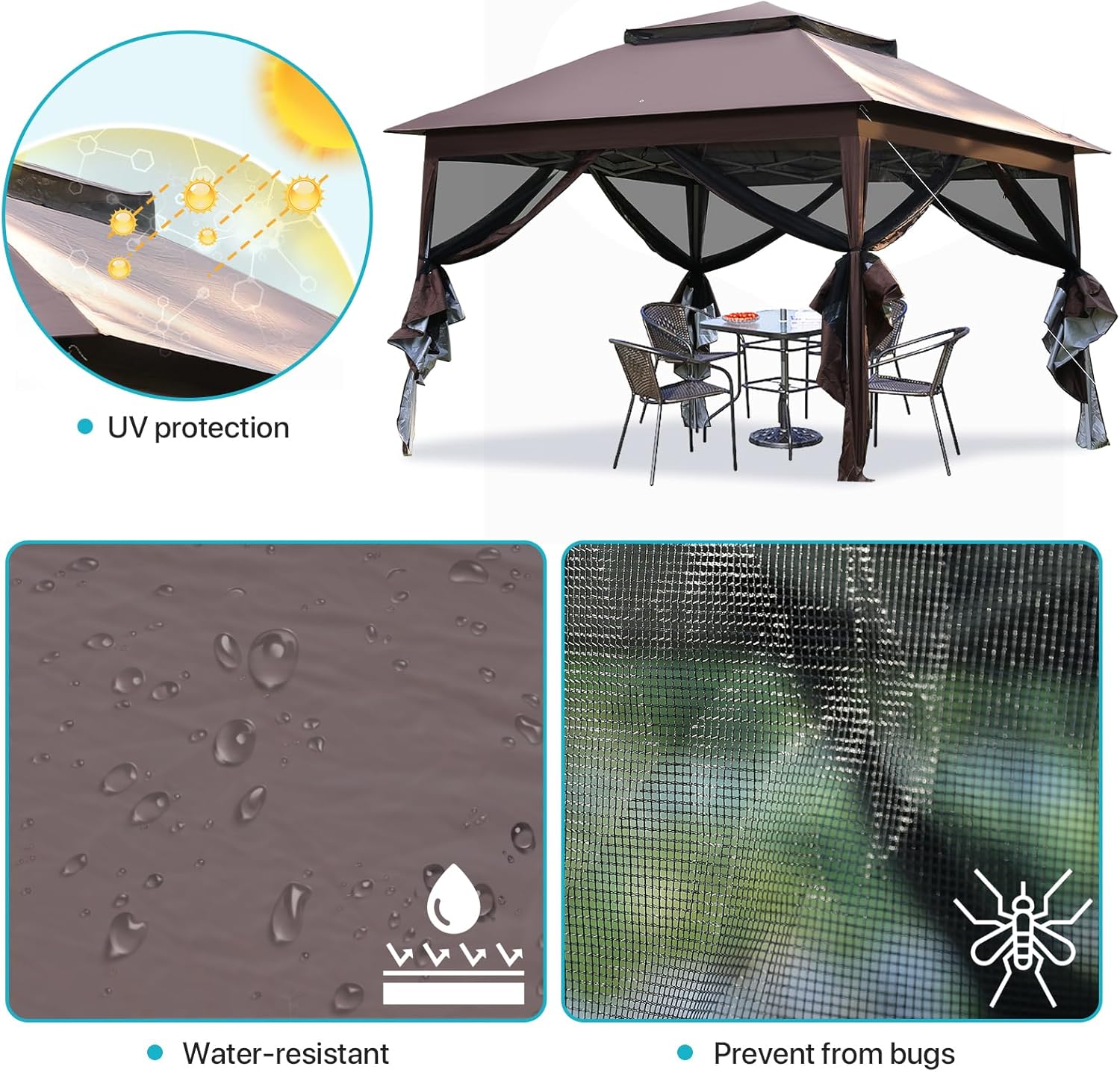 Carpa desplegable de 10 x 10 pies para exteriores, carpa de fiesta resistente con mosquitera para patio, jardín, patio y césped, color marrón