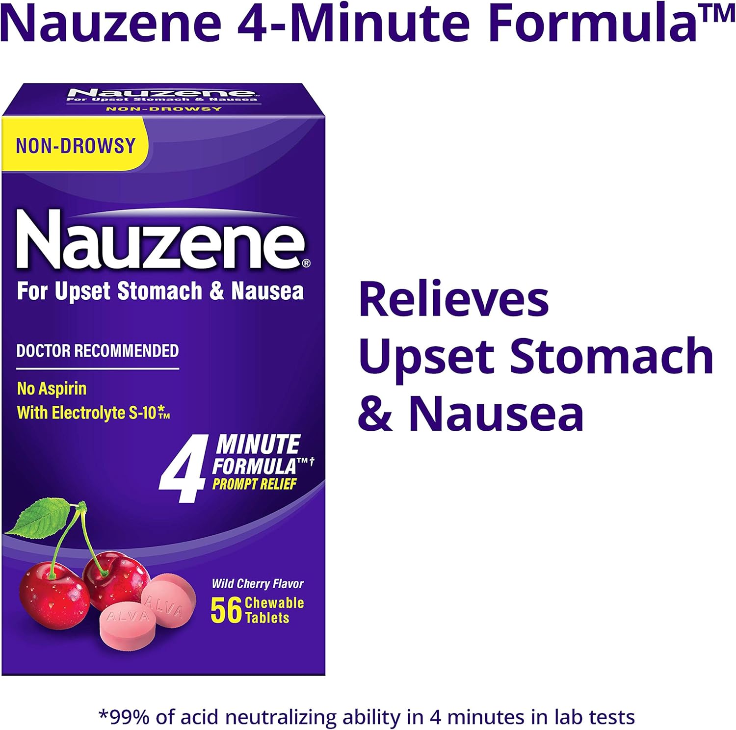 Nauzene – Alivio del malestar estomacal y las náuseas sin somnolencia – Tabletas masticables con sabor a cereza silvestre – 56 unidades
