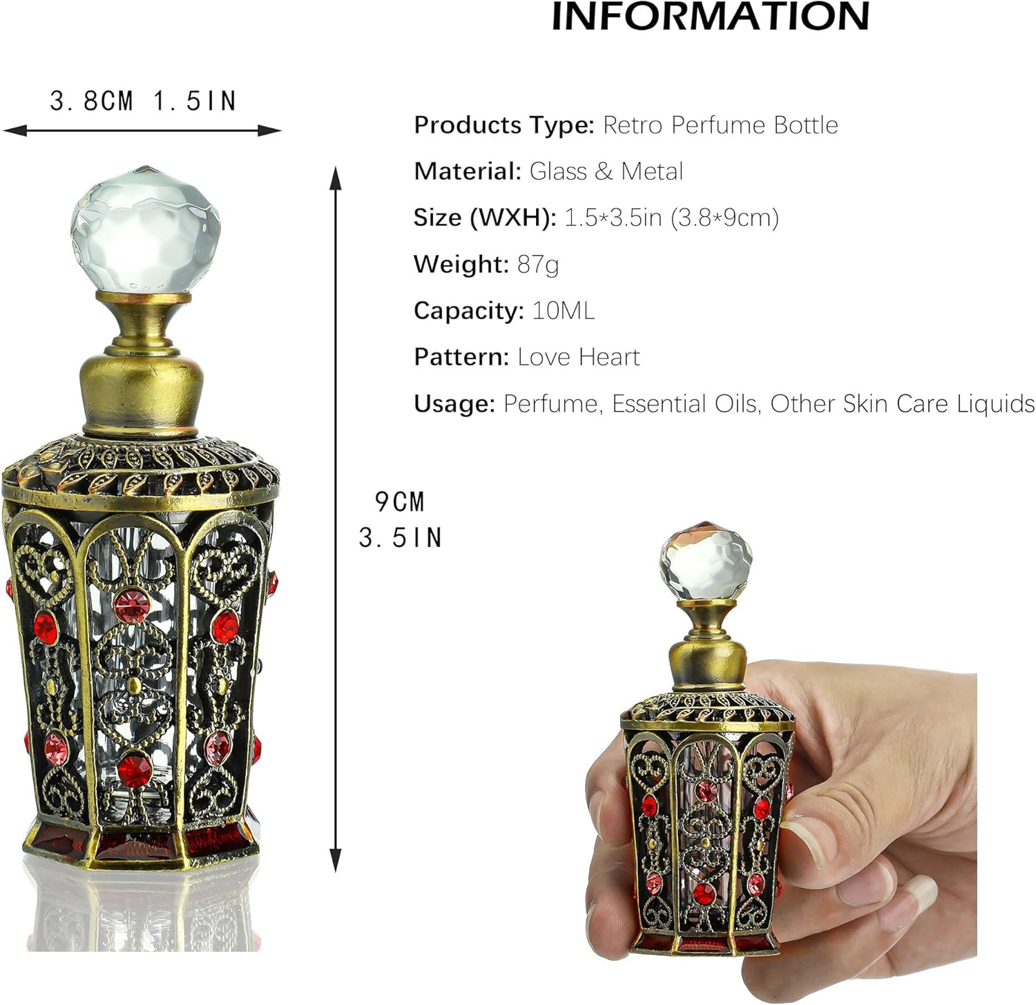 YU FENG Frascos de perfume de cristal antiguos vacíos vintage con joyas decorativas de lujo para frascos de perfume (0.3 fl oz)