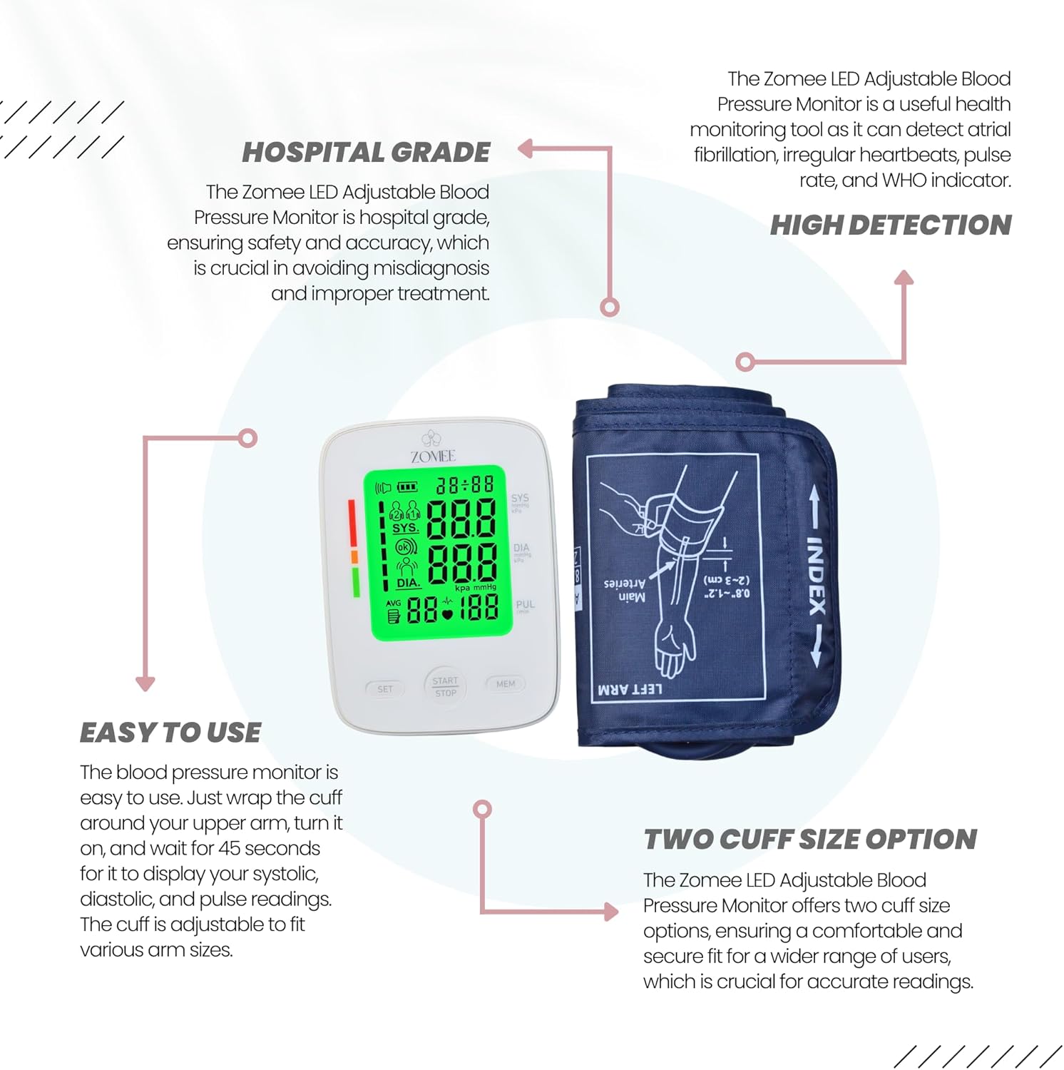 Zomee Monitor de presión arterial de brazo superior con transmisión de voz BP precisa, pantalla grande LCD, 2 x 99 memorias fáciles de 1 toque,