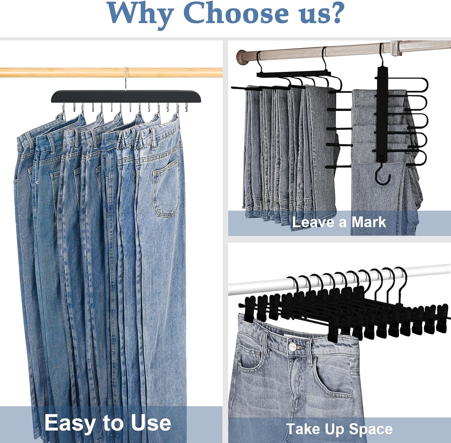 Ganchos para jeans para armario, 14 ganchos de madera para jeans que ahorran espacio, ganchos giratorios de 180 para jeans, faldas, pantalones