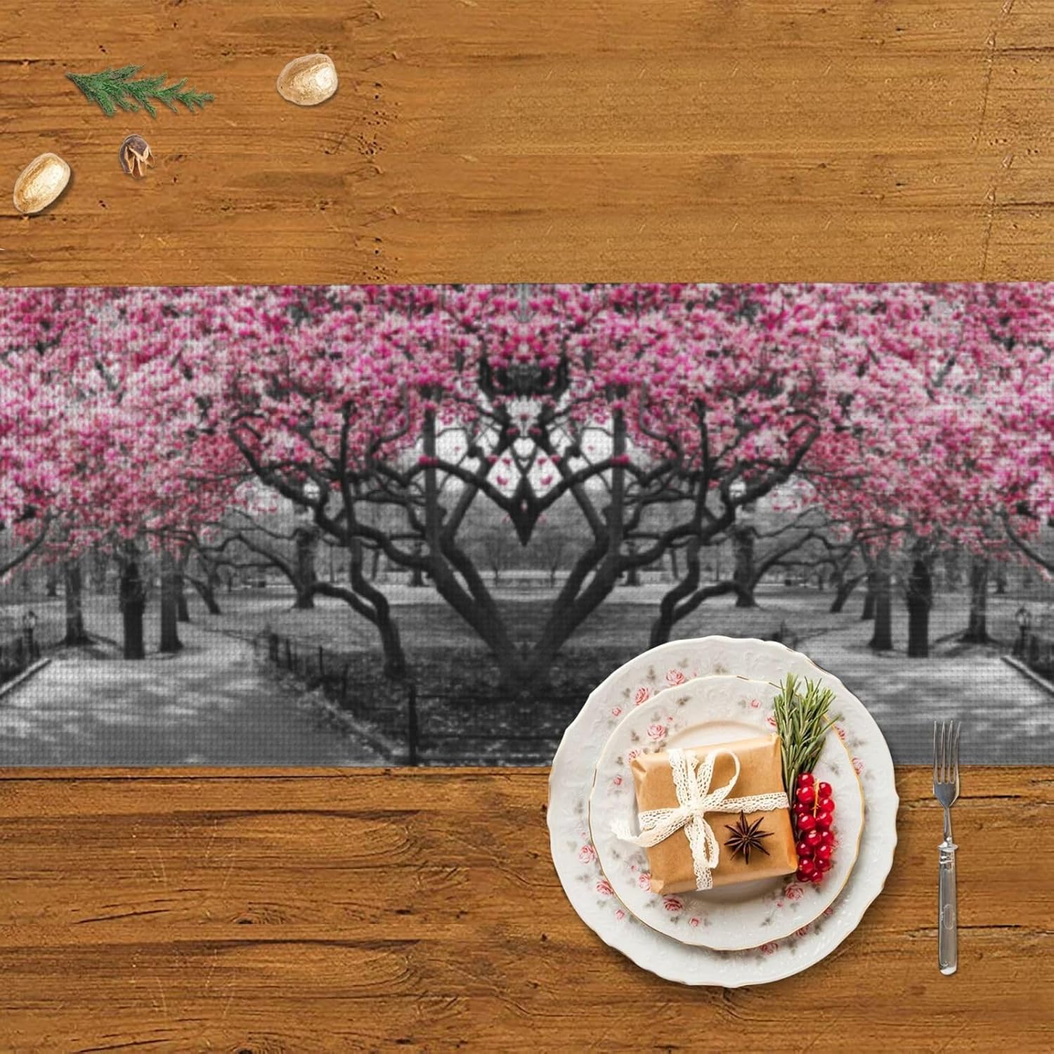 Camino de mesa de Navidad de bosque de cerezos, decoración de mesa de comedor, decoración de Navidad, decoración de interiores del hogar, caminos de