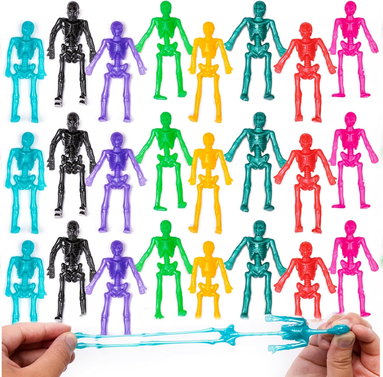ArtCreativity Juguetes de esqueleto súper elásticos, juego de 48 juguetes de Halloween para niños en 10 colores vibrantes, elásticos 7 veces su