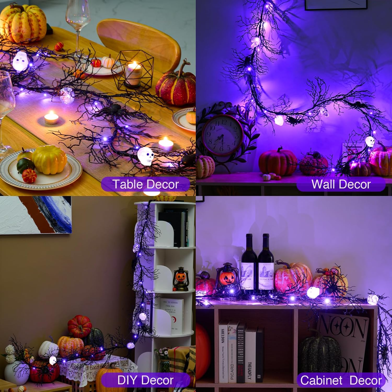 Guirnalda de Halloween para decoración de Halloween, guirnalda negra de 6 pies con temporizador, luces LED de araña, decoración de Halloween,