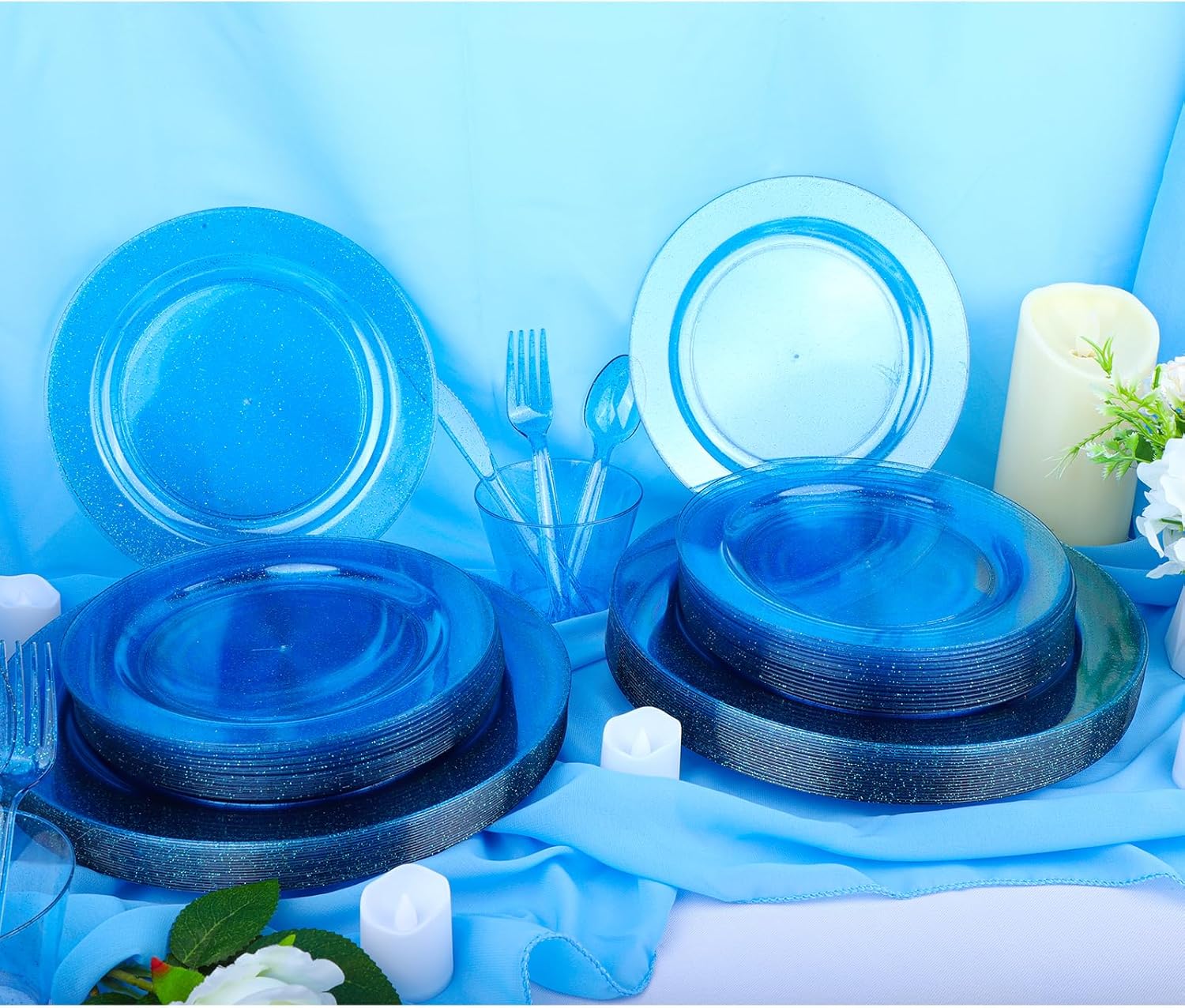 WYTAOHZL Juego de vajilla de 240 piezas con purpurina azul para 40 invitados, vajilla desechable con purpurina azul de 10.2 pulgadas, platos de