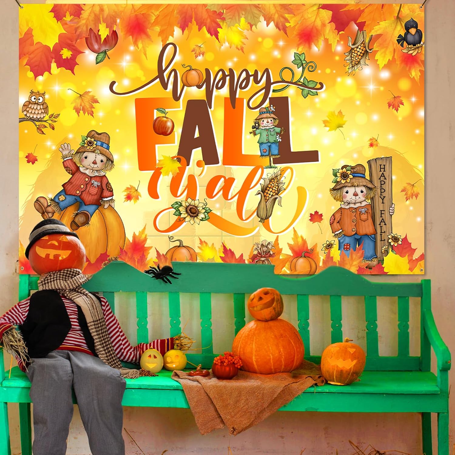Cartón de fondo con texto en inglés Happy Fall Y’all, decoración de fiesta de Acción de Gracias, hojas de arce, calabaza, fondo de fotos para