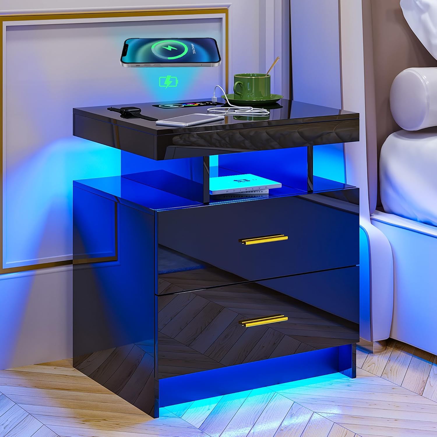 HNEBC Mesita de noche LED, RGB negro con estación de carga USBinalámbrica, moderna mesita de noche con sensor automático de luces RGB, mesa auxiliar