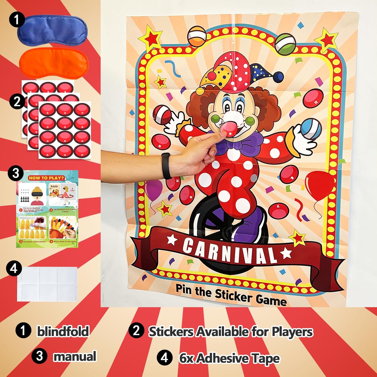 Juegos de fiesta de circo de carnaval para niños, juegos de cola con pegatina de payaso, fiesta de cumpleaños temática de carnaval, decoración de