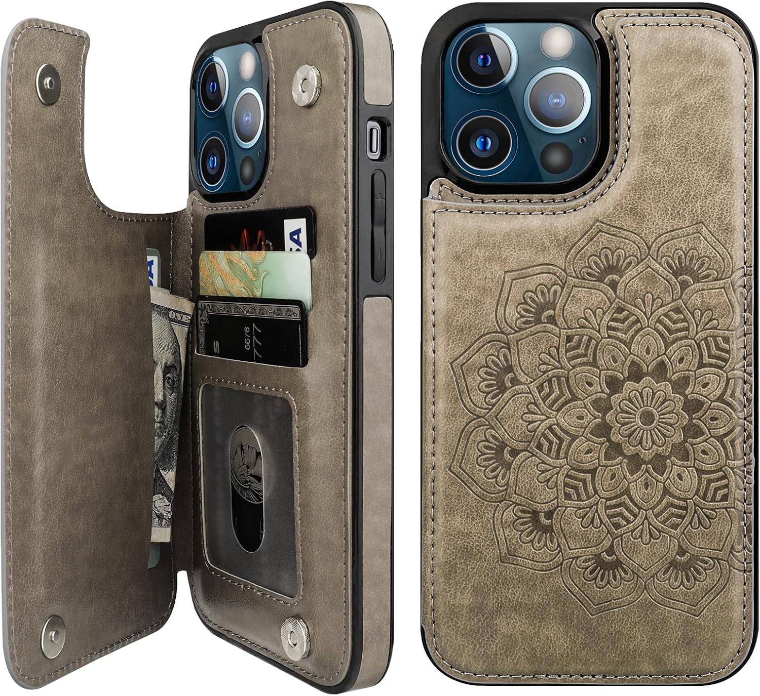 Vaburs Funda compatible con iPhone 13 Pro Max con tarjetero y diseño de mandala en relieve, de piel sintética, doble botones, a prueba de golpes,
