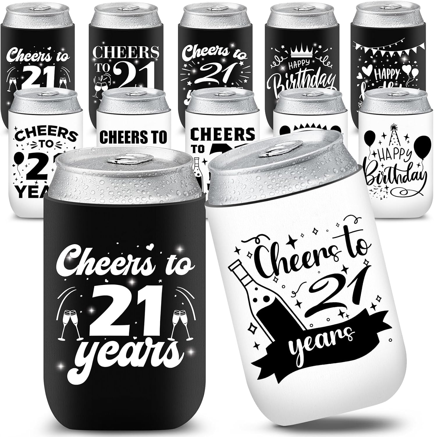 12 fundas enfriadoras para latas de cumpleaños de 21 años, color blanco y negro, decoraciones de cumpleaños 21 para hombres y mujeres, recuerdos de