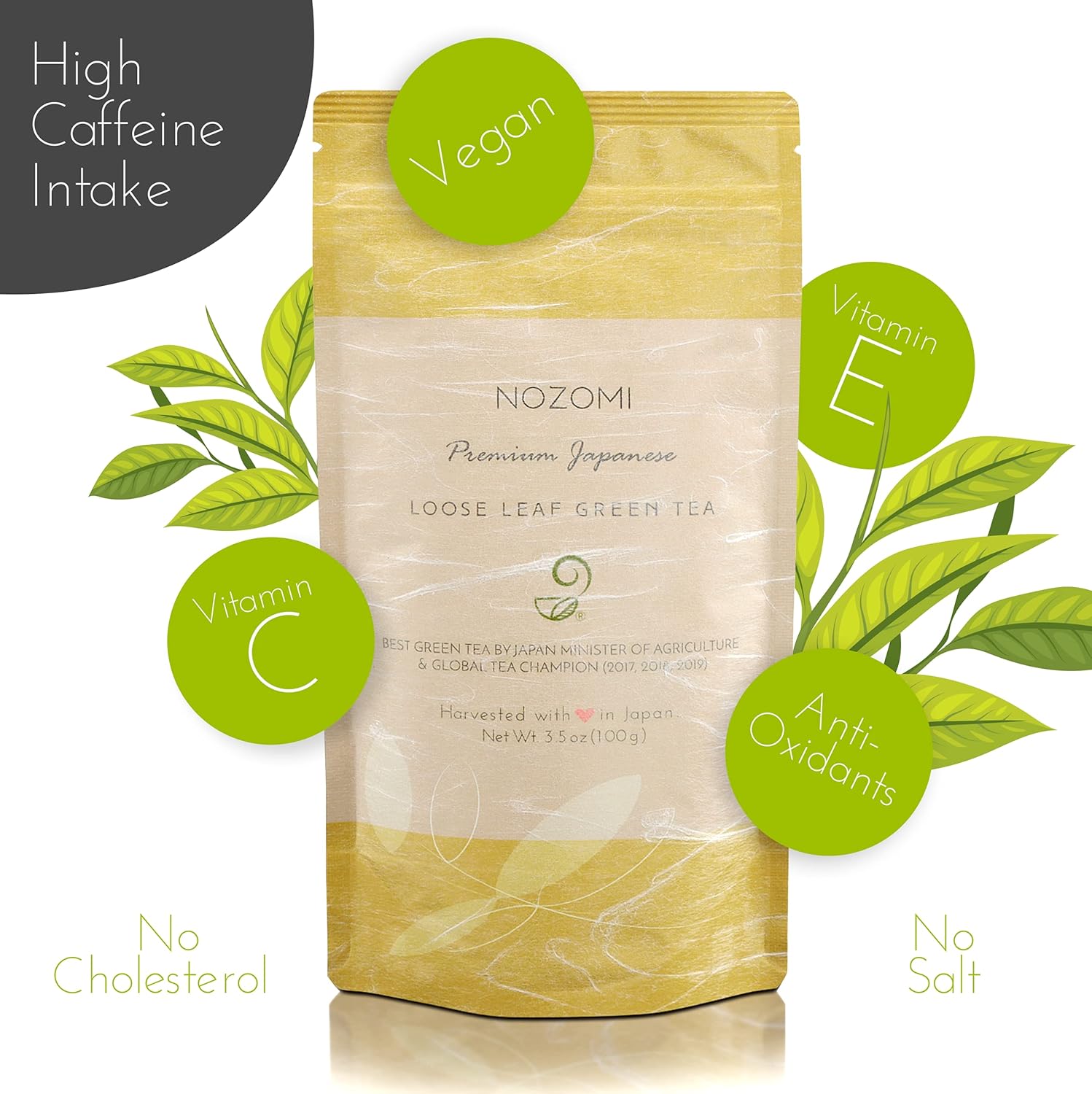 Nozomi Té verde japonés de hojas sueltas (3.5 onzas)  Vegano de origen único rico en antioxidantes Kabuse Sencha Té verde orgánico