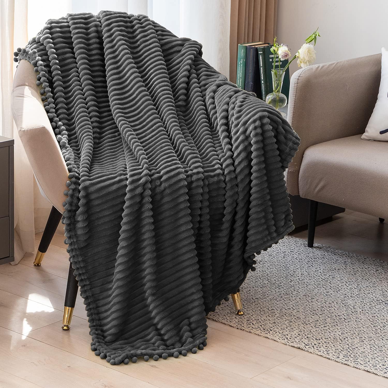 DISSA Manta de forro polar, 51×63 pulgadas, suave, de peluche, esponjosa, esponjosa, cálida, acogedora, perfecta para sofá, cama, con flecos de