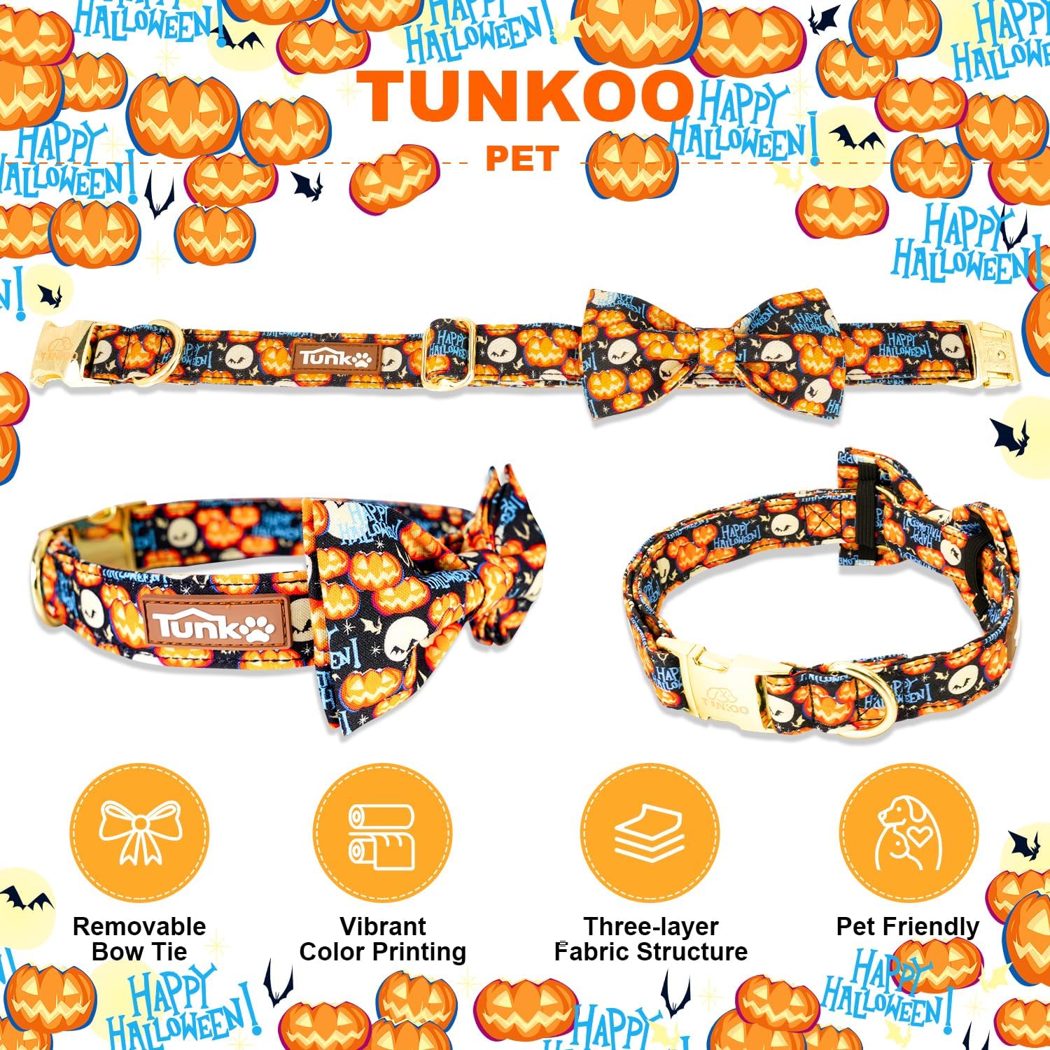 Collar de perro con calabaza de Happy Halloween, duradero, ajustable y elegante, disponible en tamaño pequeño, mediano y grande S
