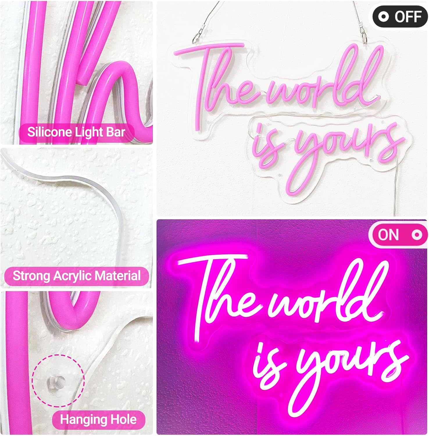 Letrero de neón grande de 28 pulgadas con texto en inglés “The World Is Yours” para dormitorio, control remoto regulable con regulación de